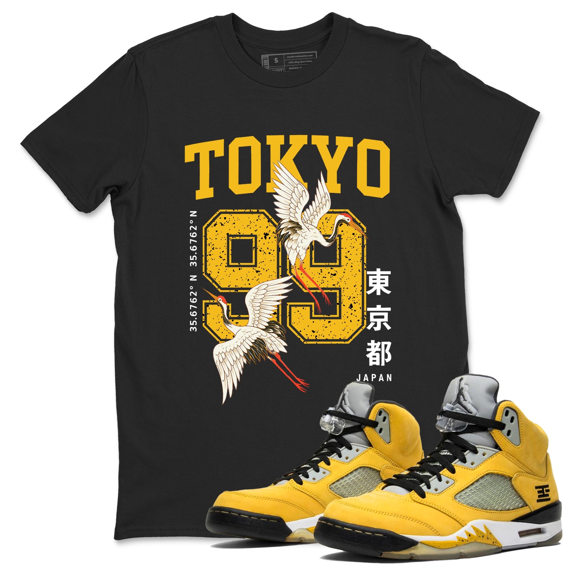 Tokyo Spirit 99 sneaker match tees styled to complete your fit with the 5s Tokyo sneakers, shown in Black 1.