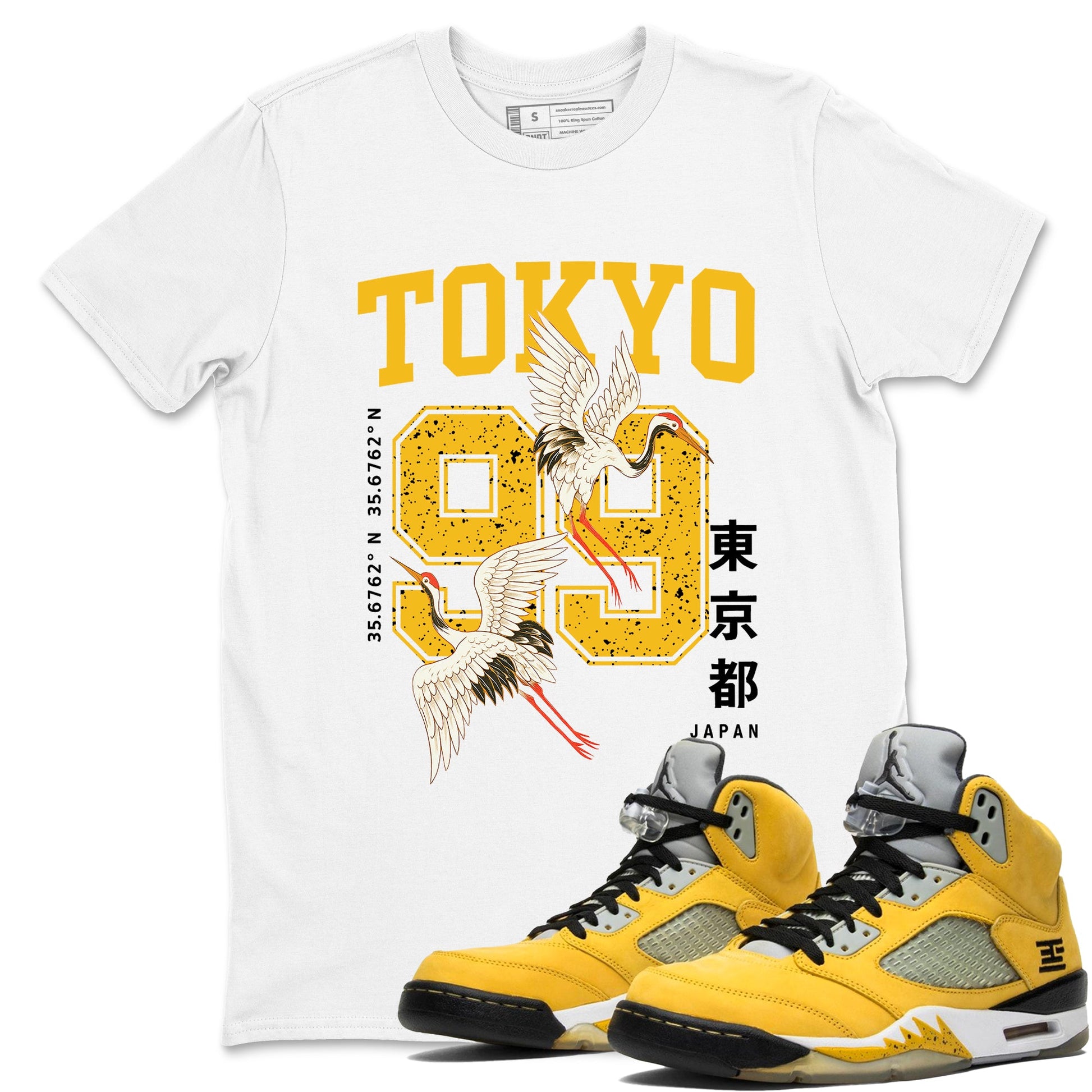 Tokyo Spirit 99 sneaker match tees styled to complete your fit with the 5s Tokyo sneakers, shown in White 1.