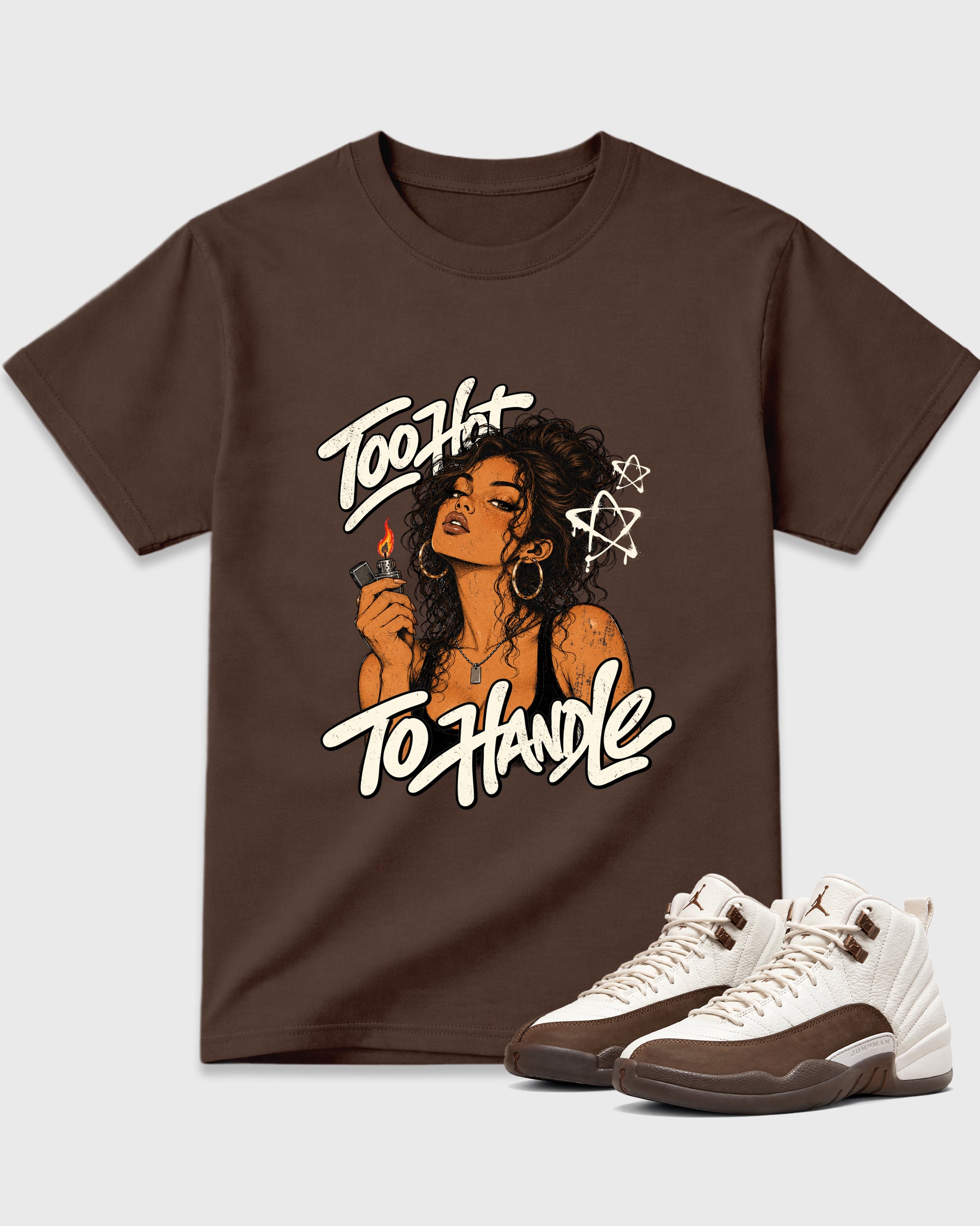 Too Hot To Handle Graphic T-Shirt featuring original streetwear artwork designed to match the Air Jordan 12 Fireside. Dark Chocolate 1 Graphic T-Shirt.