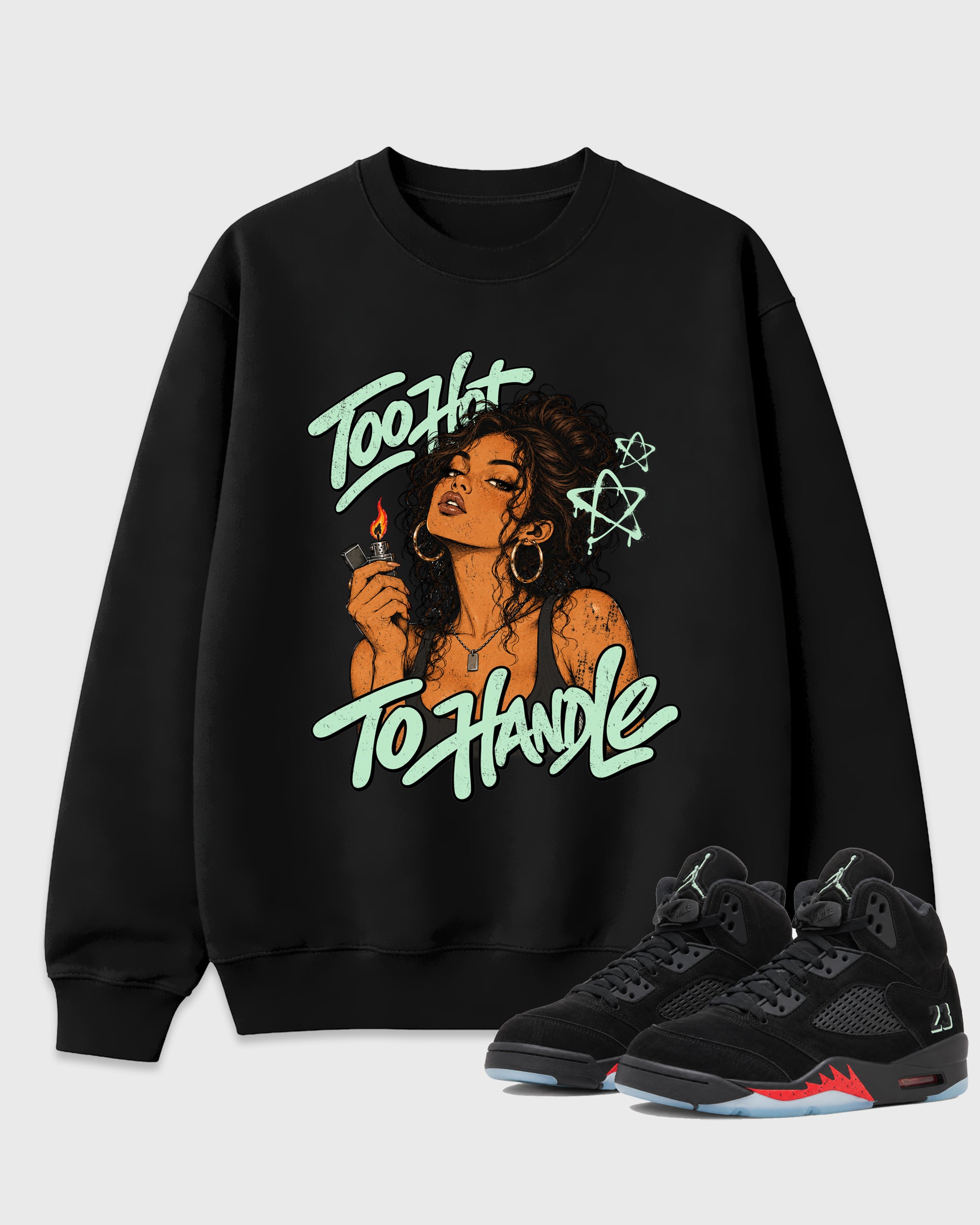Too Hot To Handle Graphic T-Shirt featuring original streetwear artwork designed to match the Air Jordan 5 Halloween. Black 1 Graphic Tee.