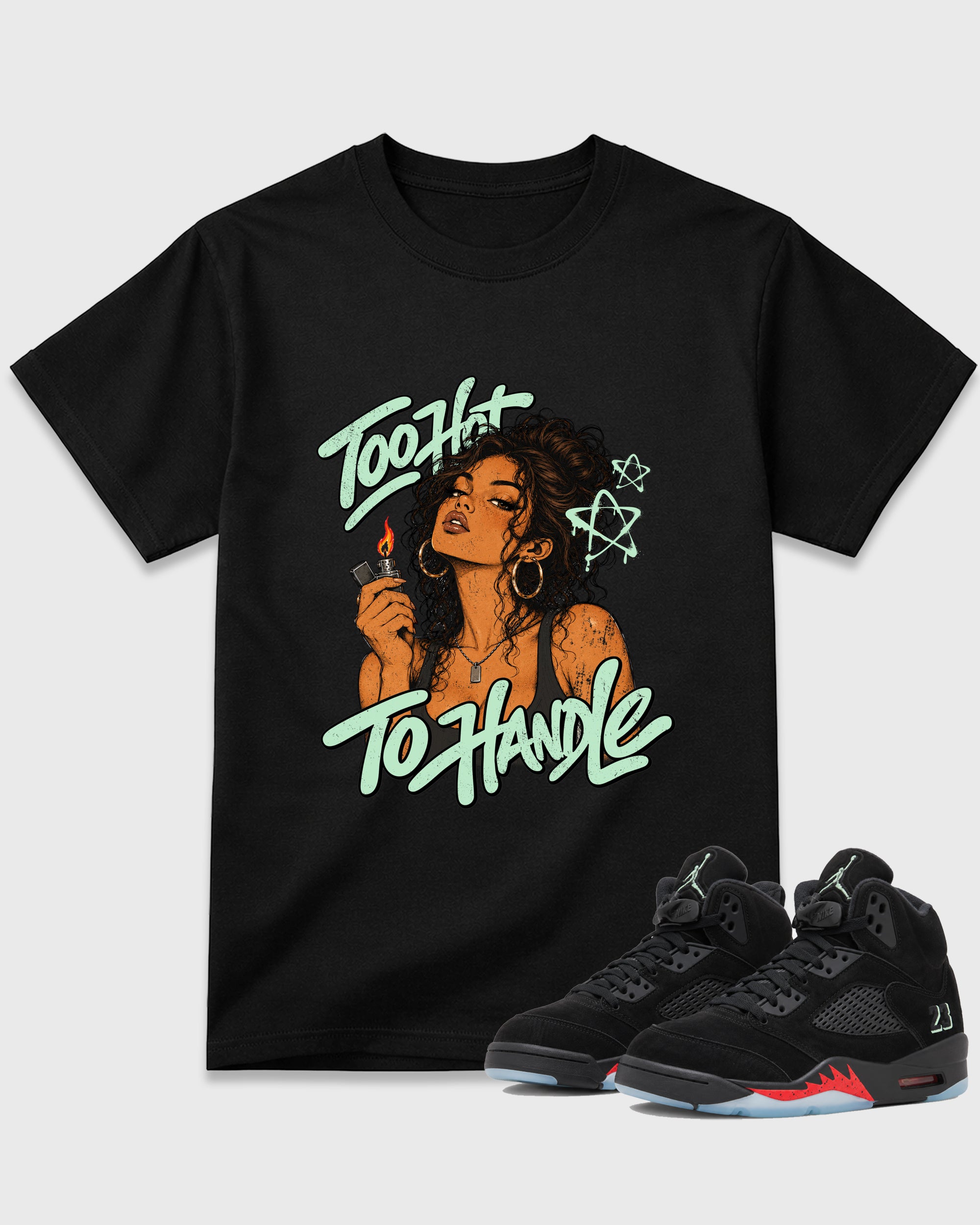 Too Hot To Handle Graphic T-Shirt featuring original streetwear artwork designed to match the Air Jordan 5 Halloween. Black 1 Graphic T-Shirt.