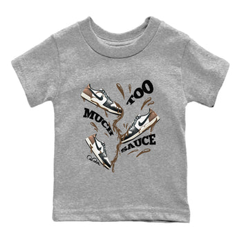 1s Low OG Mocha shirts to match jordans Too Much Sauce sneaker match tees Air Jordan 1 Mocha match shoes to clothes SNRT Sneaker Tees Youth Baby Heather Grey 2 tee