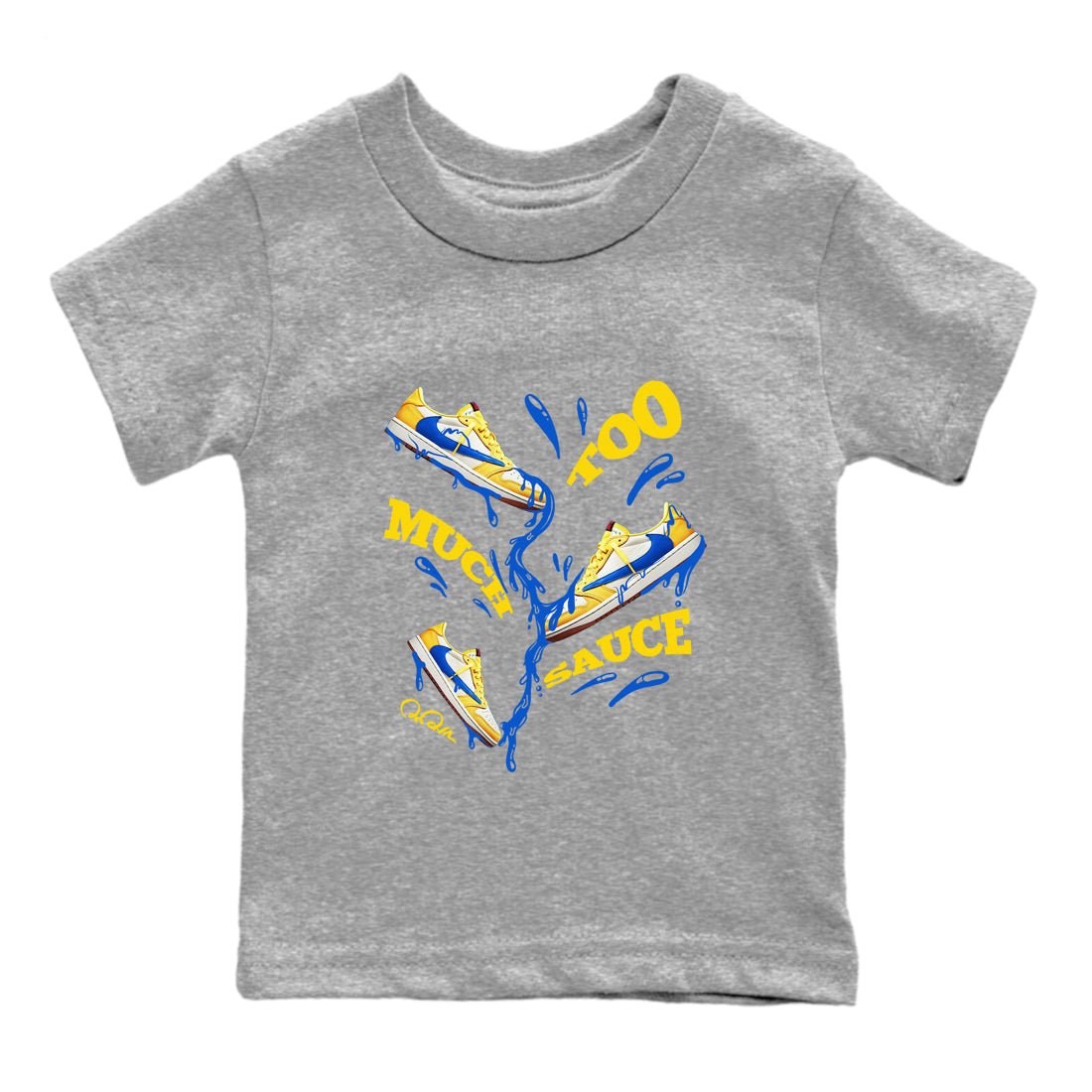 1s Travis Scott Canary shirt to match jordans Too Much Sauce sneaker tees Air Jordan 1 Travis Scott Canary SNRT sneaker release tees baby toddler Heather Grey 2 cotton Shirt