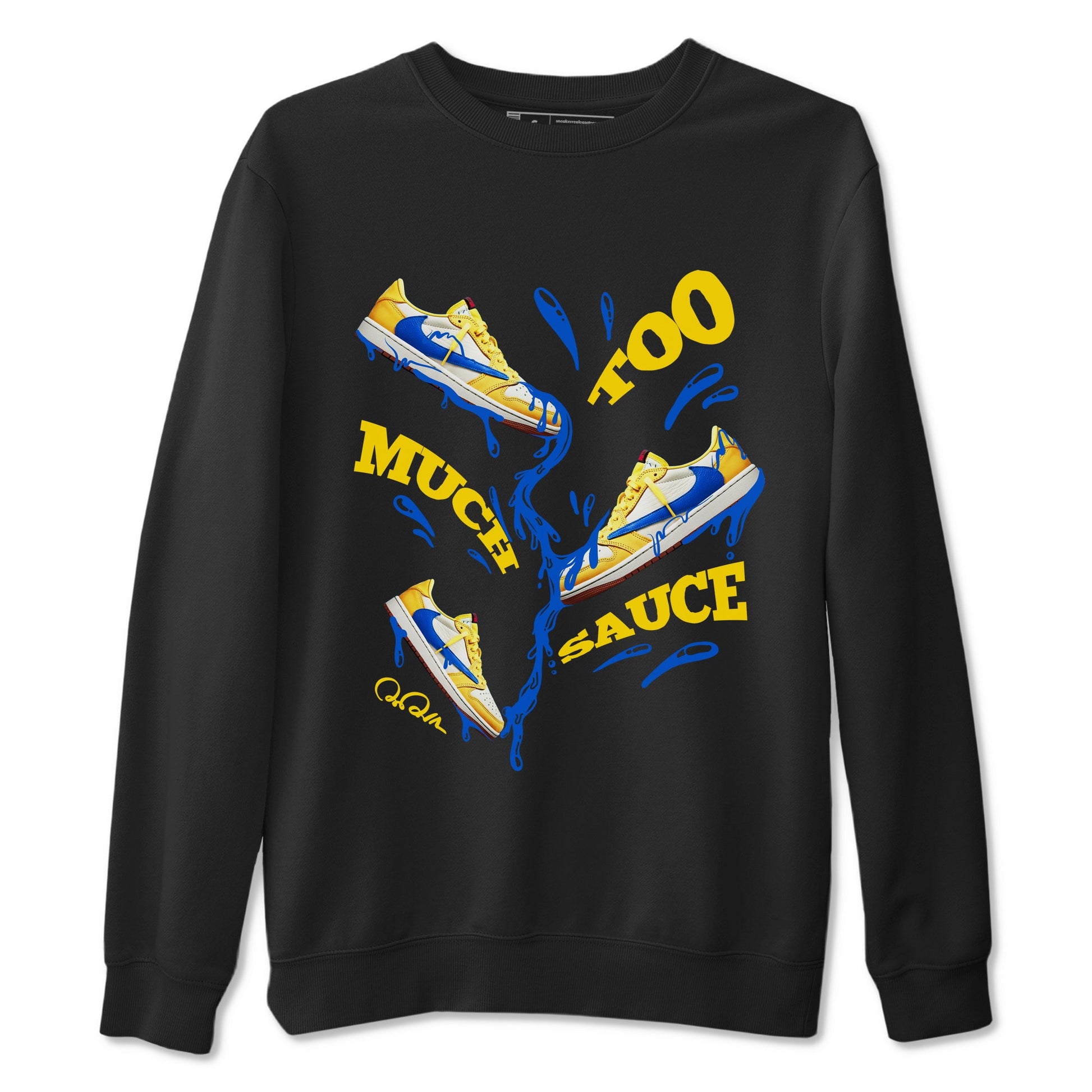 1s Travis Scott Canary shirt to match jordans Too Much Sauce sneaker tees Air Jordan 1 Travis Scott Canary SNRT Sneaker Release Tees unisex cotton Black 2 crew neck shirt
