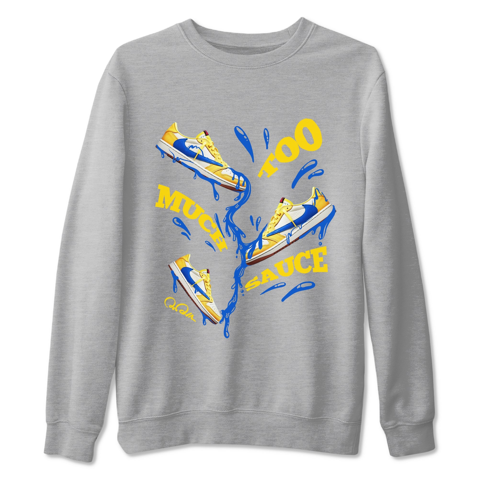 1s Travis Scott Canary shirt to match jordans Too Much Sauce sneaker tees Air Jordan 1 Travis Scott Canary SNRT Sneaker Release Tees unisex cotton Heather Grey 2 crew neck shirt