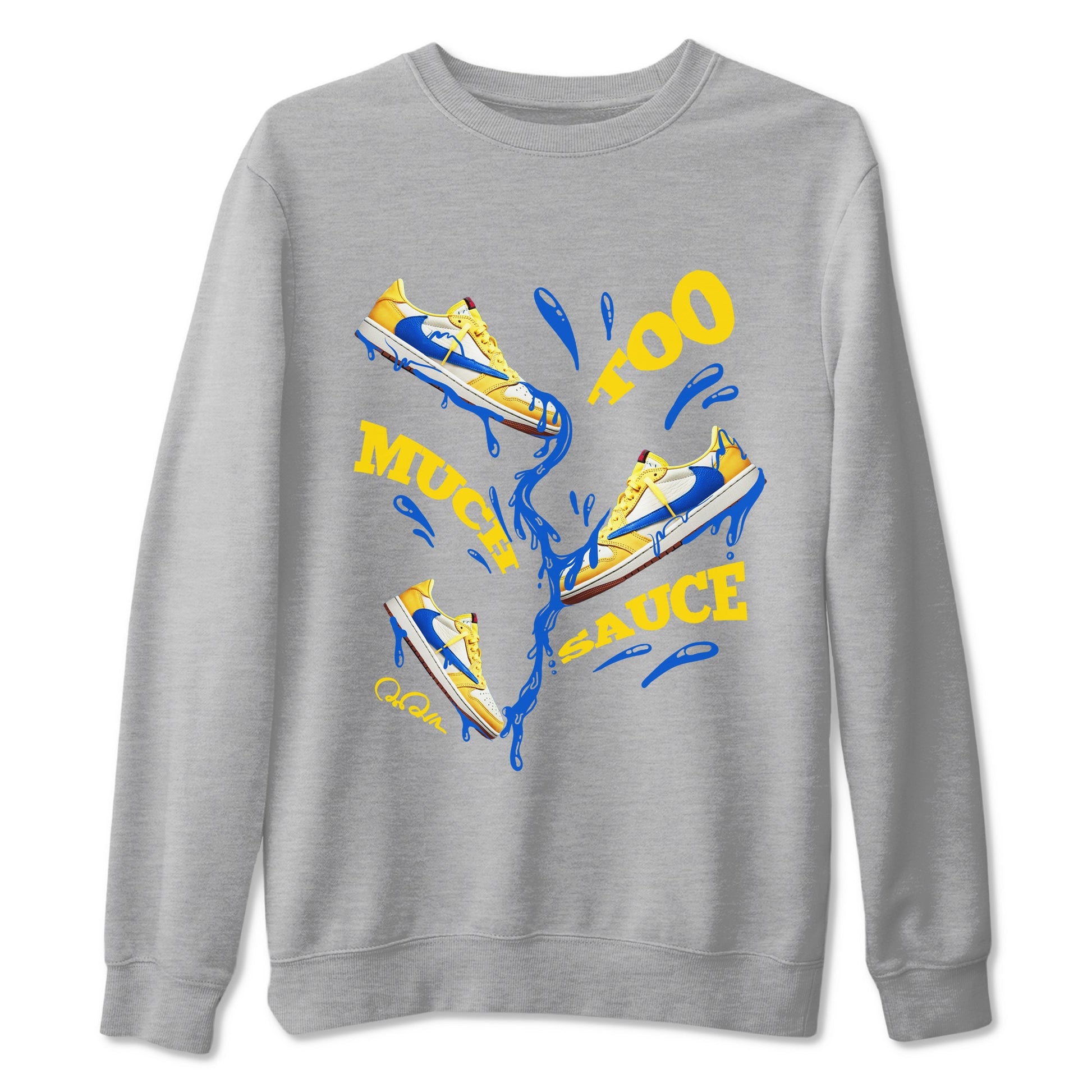 1s Travis Scott Canary shirt to match jordans Too Much Sauce sneaker tees Air Jordan 1 Travis Scott Canary SNRT Sneaker Release Tees unisex cotton Heather Grey 2 crew neck shirt