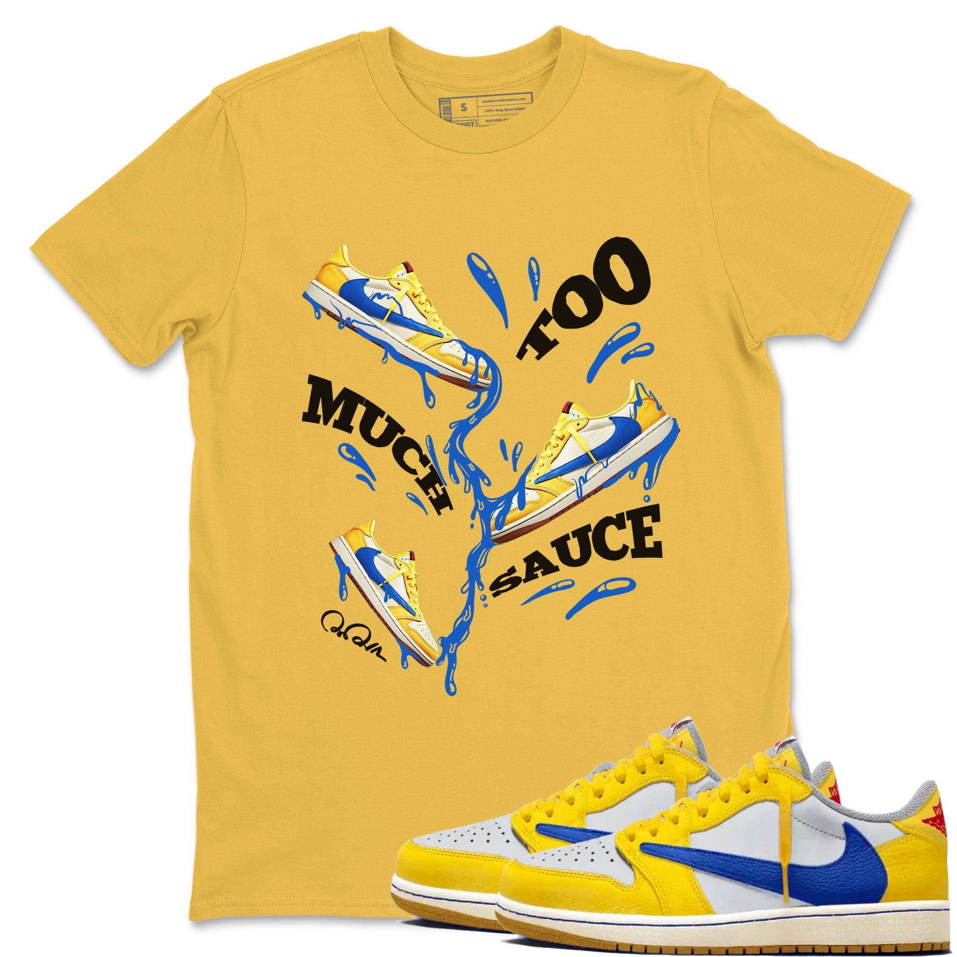 1s Travis Scott Canary shirt to match jordans Too Much Sauce sneaker tees Air Jordan 1 Travis Scott Canary SNRT Sneaker Release Tees unisex cotton Daisy 1 crew neck shirt