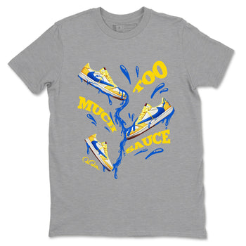 1s Travis Scott Canary shirt to match jordans Too Much Sauce sneaker tees Air Jordan 1 Travis Scott Canary SNRT Sneaker Release Tees unisex cotton Heather Grey 2 crew neck shirt