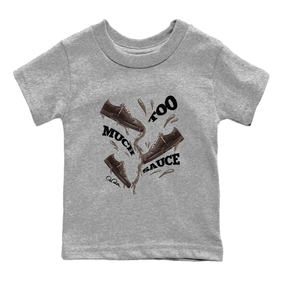 Air Jordan 1 Travis Scott Velvet Brown shirts to match jordans Too Much Sauce sneaker match tees Travis Scott x Air Jordan 1 Low OG Velvet Brown best t shirts to wear with jordans SNRT Sneaker Tees Youth Baby Heather Grey 2 tee