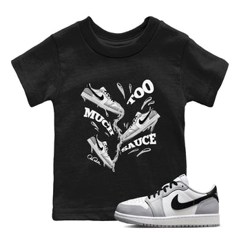 1s Wolf Grey shirts to match jordans Too Much Sauce sneaker match tees Air Jordan 1 Wolf Grey SNRT Sneaker Tees streetwear brand Baby and Youth Black 1 cotton tee