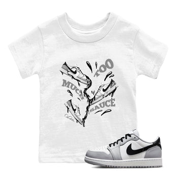 1s Wolf Grey shirts to match jordans Too Much Sauce sneaker match tees Air Jordan 1 Wolf Grey SNRT Sneaker Tees streetwear brand Baby and Youth White 1 cotton tee