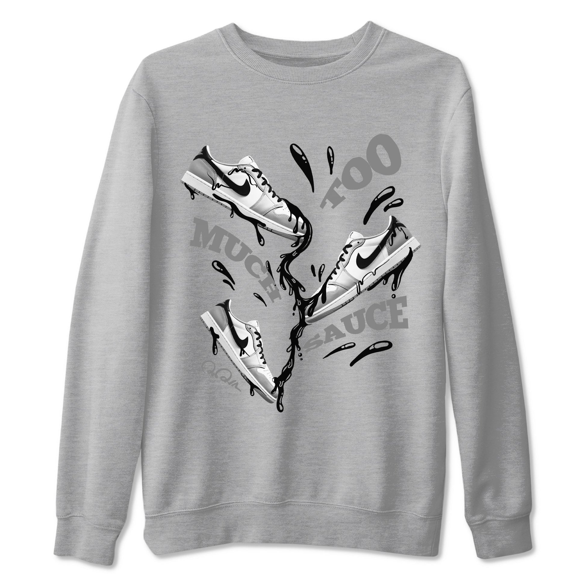 1s Wolf Grey shirts to match jordans Too Much Sauce sneaker match tees Air Jordan 1 Wolf Grey SNRT Sneaker Tees streetwear brand Heather Grey 2 unisex cotton tee