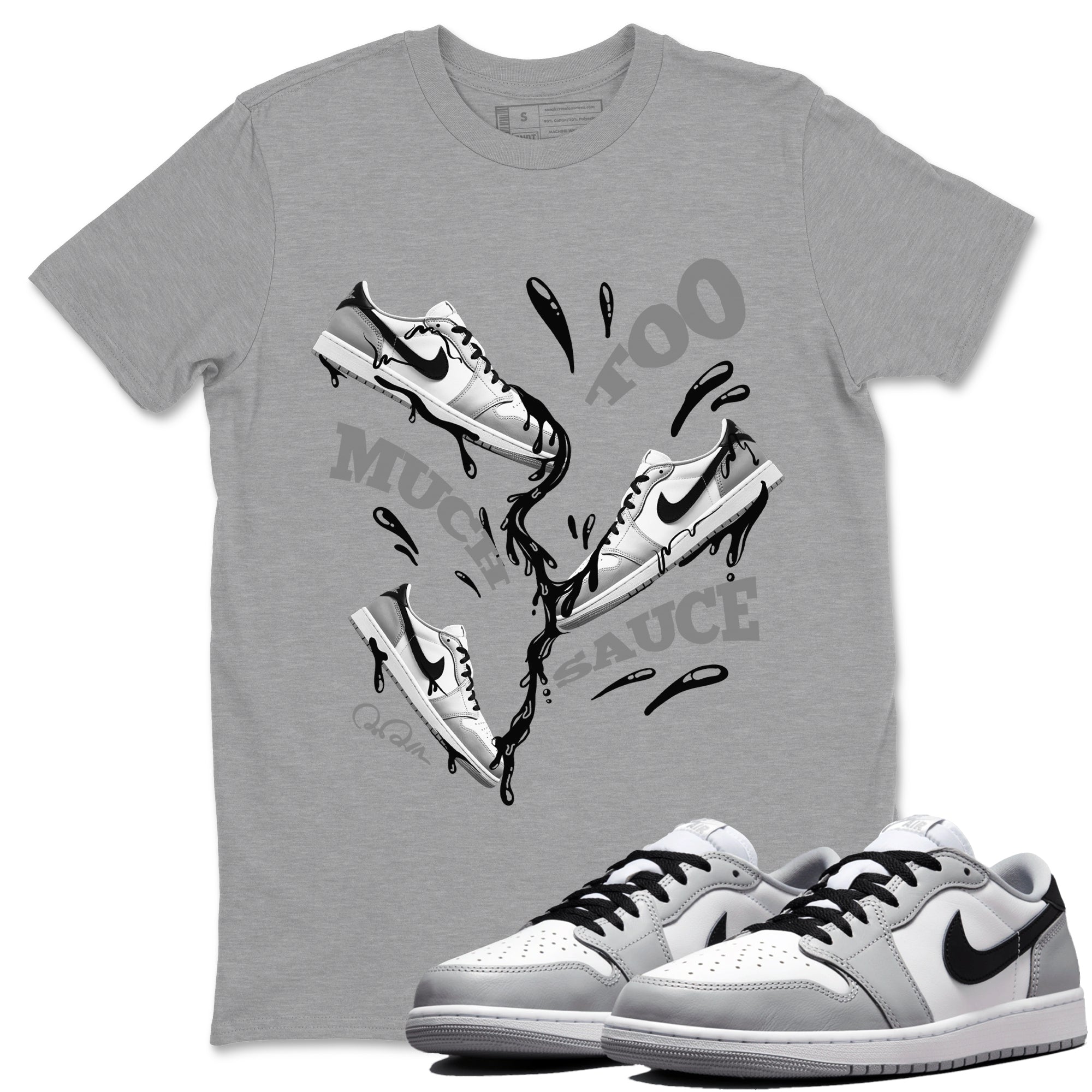 1s Wolf Grey shirts to match jordans Too Much Sauce sneaker match tees Air Jordan 1 Wolf Grey SNRT Sneaker Tees streetwear brand Heather Grey 1 unisex cotton tee