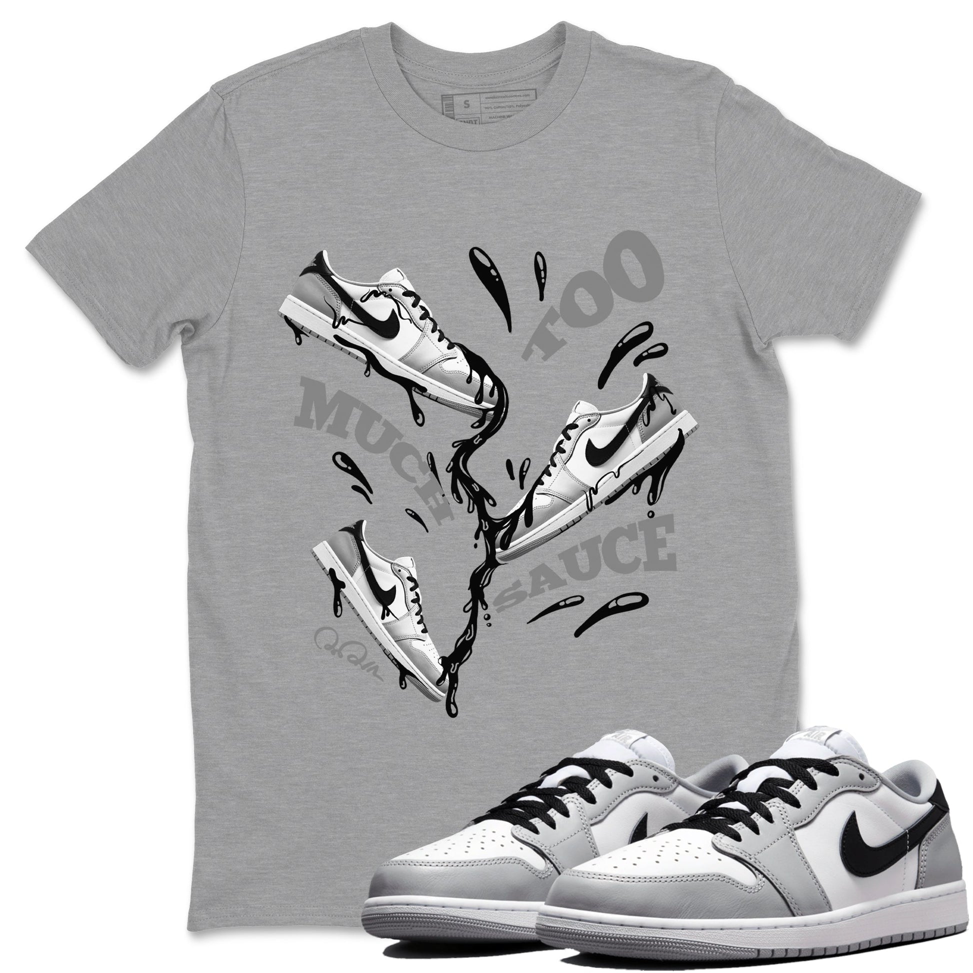 1s Wolf Grey shirts to match jordans Too Much Sauce sneaker match tees Air Jordan 1 Wolf Grey SNRT Sneaker Tees streetwear brand Heather Grey 1 unisex cotton tee