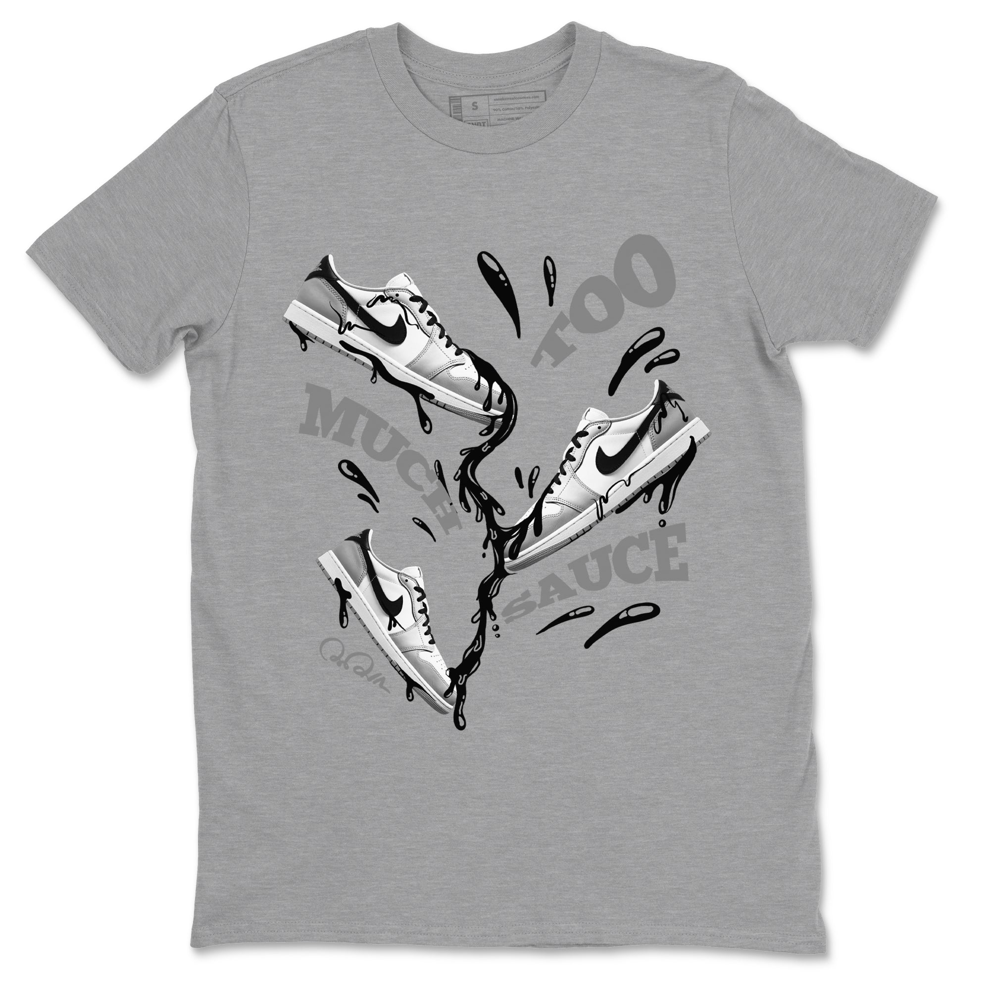 1s Wolf Grey shirts to match jordans Too Much Sauce sneaker match tees Air Jordan 1 Wolf Grey SNRT Sneaker Tees streetwear brand Heather Grey 2 unisex cotton tee