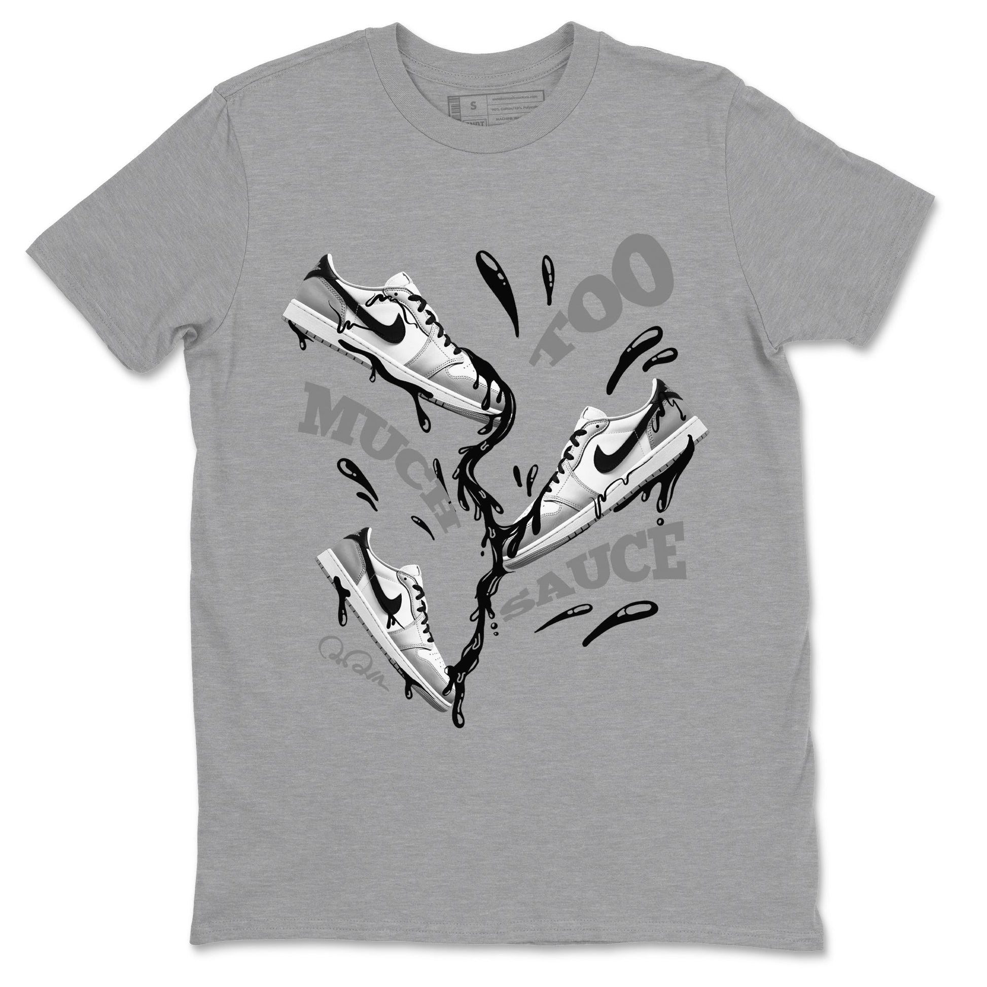 1s Wolf Grey shirts to match jordans Too Much Sauce sneaker match tees Air Jordan 1 Wolf Grey SNRT Sneaker Tees streetwear brand Heather Grey 2 unisex cotton tee