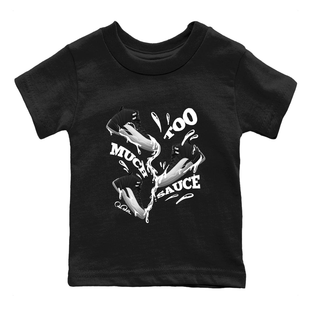 12s Black Wolf Grey shirts to match jordans Too Much Sauce sneaker match tees Air Jordan 12 Barons match shoes to clothes SNRT Sneaker Tees Youth Baby Black 2 tee