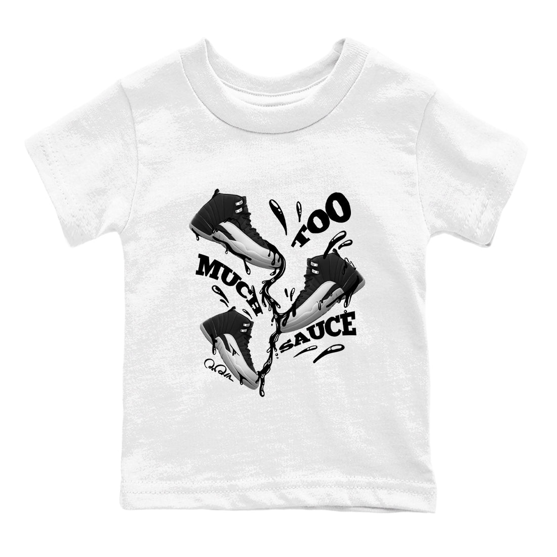 12s Black Wolf Grey shirts to match jordans Too Much Sauce sneaker match tees Air Jordan 12 Barons match shoes to clothes SNRT Sneaker Tees Youth Baby White 2 tee