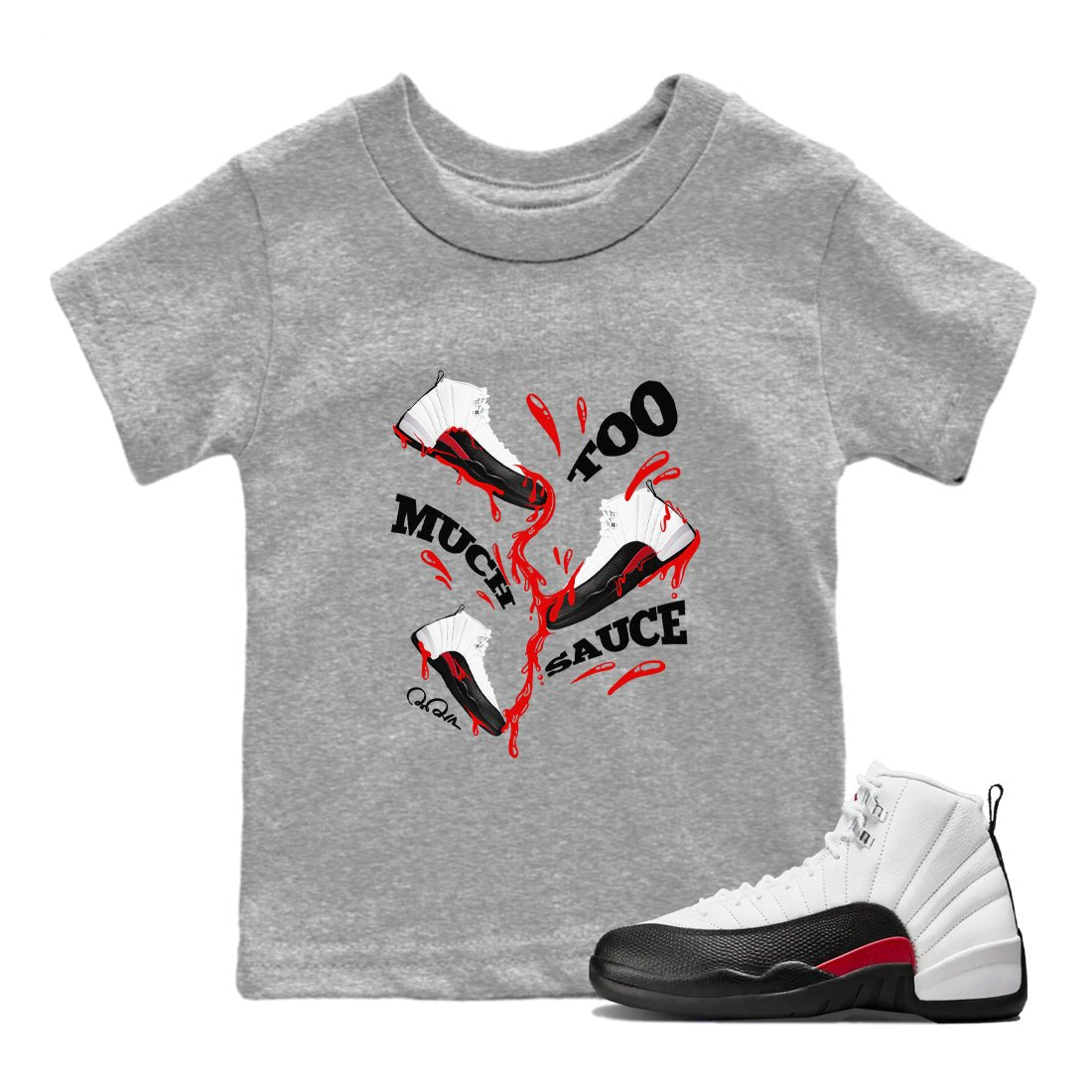 12s Taxi Flip shirts to match jordans Too Much Sauce sneaker match tees Air Jordan 12 Taxi Flip SNRT Sneaker Tees streetwear brand Baby and Youth Heather Grey 1 cotton tee