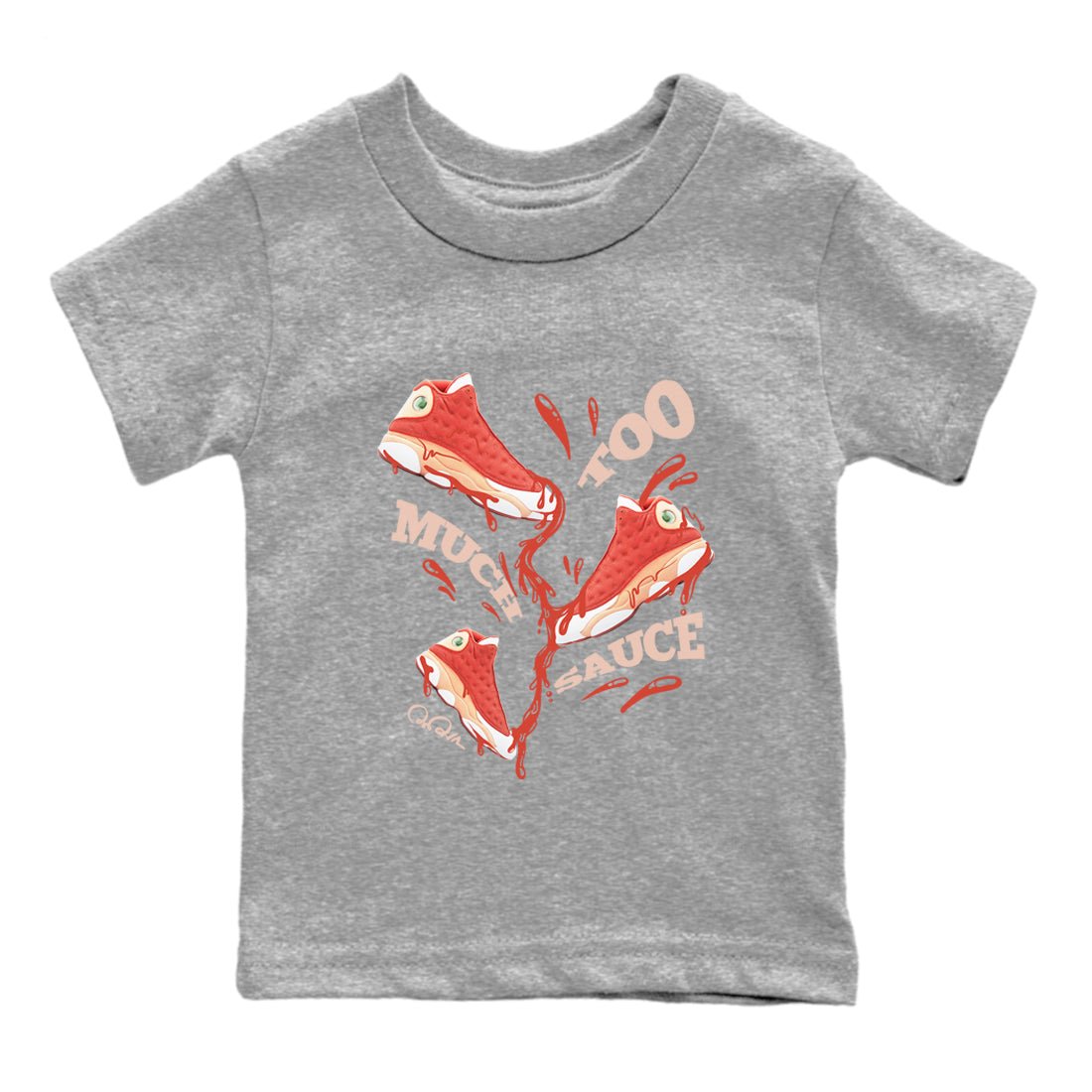 13s Dune Red shirts to match jordans Too Much Sauce sneaker match tees Air Jordan 13 Dune Red SNRT Sneaker Tees streetwear brand Baby and Youth Heather Grey 2 cotton tee