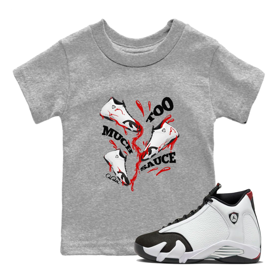 14s Black Toe shirts to match jordans Too Much Sauce graphic tees Air Jordan 14 Black Toe t shirts to match sneakers SNRT Sneaker Tees Youth Baby Heather Grey 1 tee