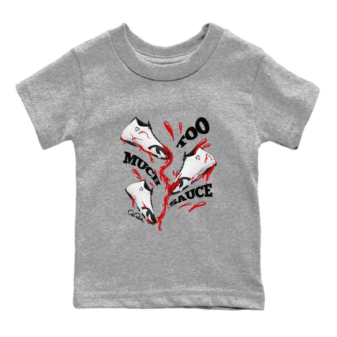14s Black Toe shirts to match jordans Too Much Sauce graphic tees Air Jordan 14 Black Toe t shirts to match sneakers SNRT Sneaker Tees Youth Baby Heather Grey 2 tee