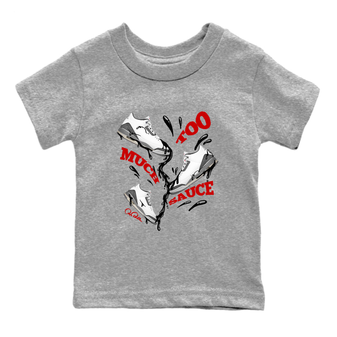 3s Cement Grey shirts to match jordans Too Much Sauce sneaker match tees Air Jordan 3 Cement Grey SNRT Sneaker Release Tees Youth Baby Heather Grey 2 crew neck shirts