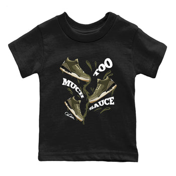 Sneaker Threads – Sneaker Tees To Match Air Jordan 3 Medium Olive – Too Much Sauce Youth Graphic Tee Black 2. Perfect for Jordan releases 2025 colorways.