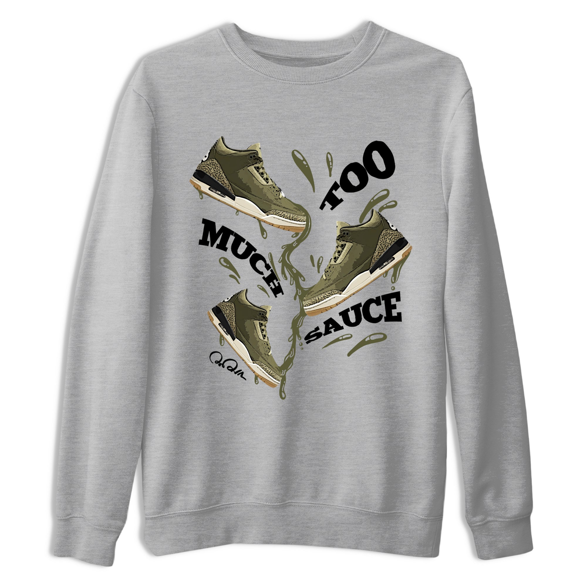 Sneaker Threads – Sneaker Tees To Match Air Jordan 3 Medium Olive – Too Much Sauce Graphic Tee Heather Grey 2. Perfect for Jordan releases 2025 colorways.