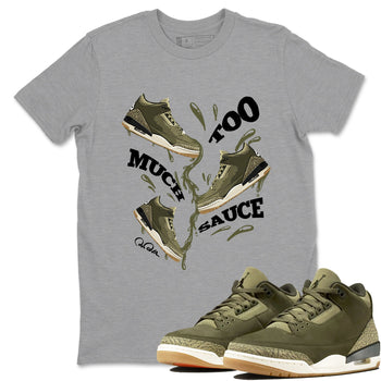 Sneaker Threads – Sneaker Tees To Match Air Jordan 3 Medium Olive – Too Much Sauce Graphic Tee Heather Grey 1. Perfect for Jordan releases 2025 colorways.