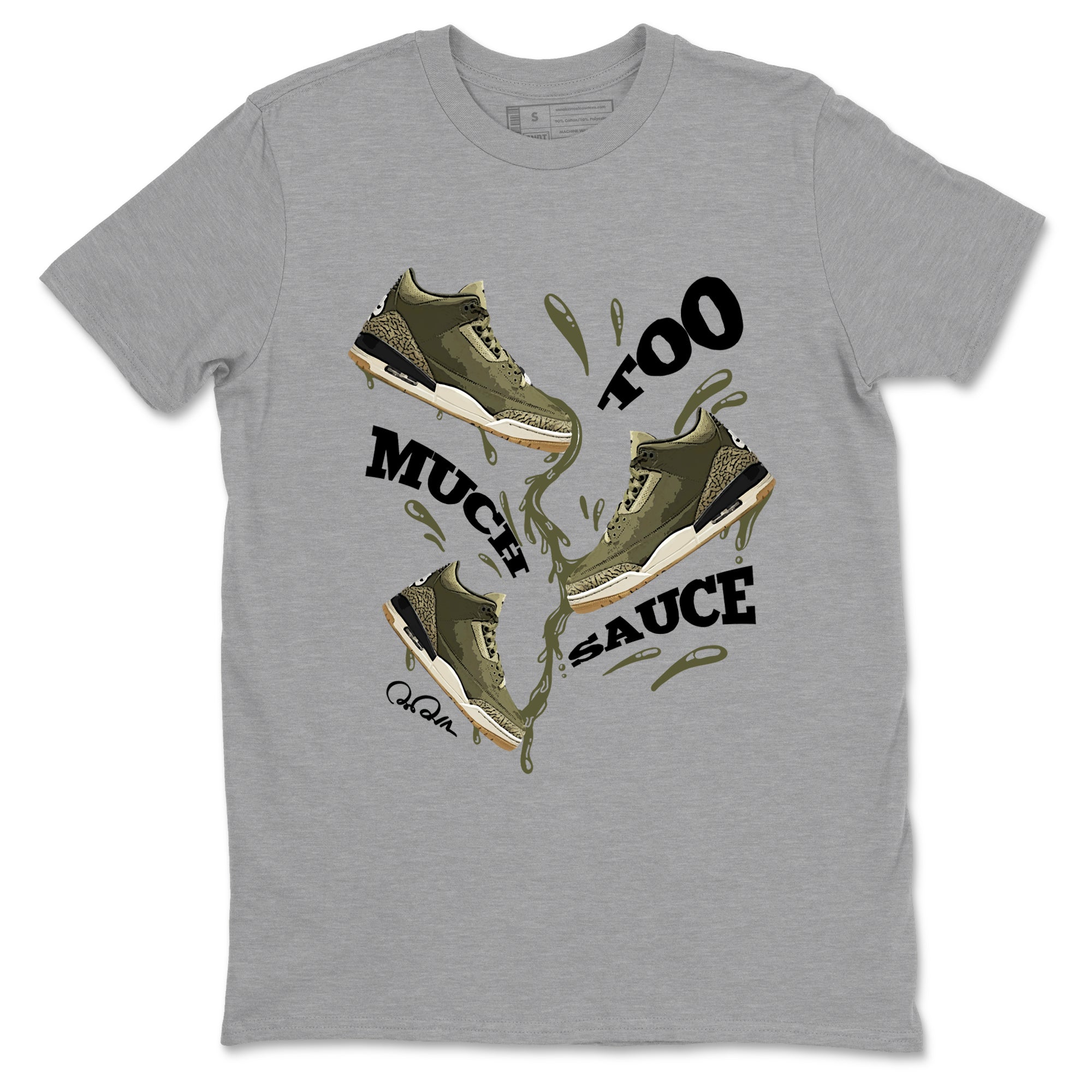 Sneaker Threads – Sneaker Tees To Match Air Jordan 3 Medium Olive – Too Much Sauce Graphic Tee Heather Grey 2. Perfect for Jordan releases 2025 colorways.