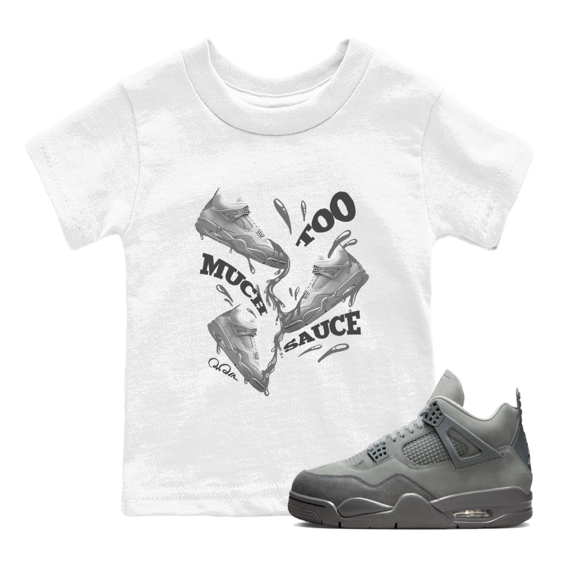 4s Wet Cement shirts to match jordans Too Much Sauce sneaker match tees Air Jordan 4 SE Wet Cement SNRT Sneaker Release Tees Youth Baby White 1 crew neck shirts