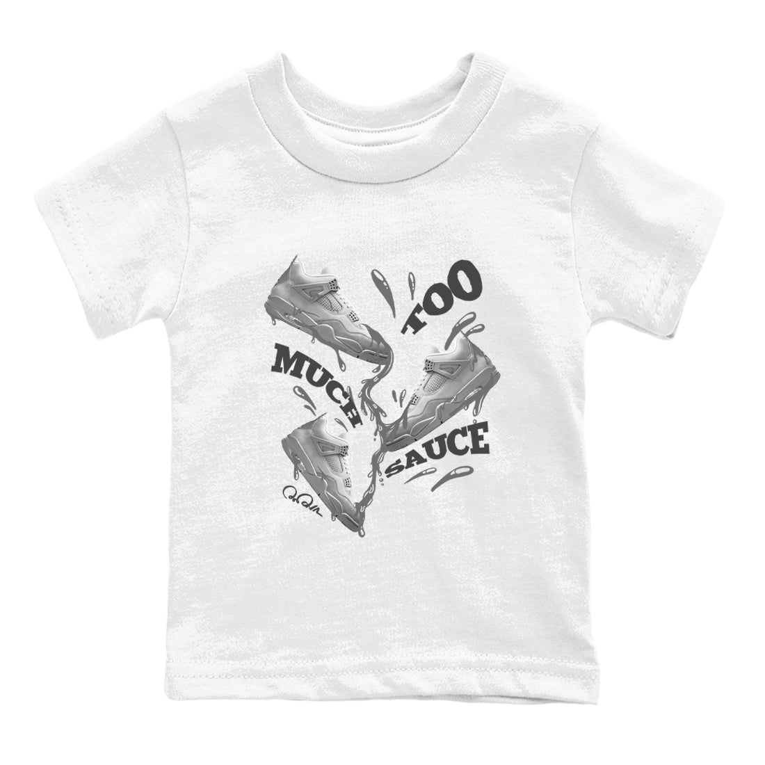 4s Wet Cement shirts to match jordans Too Much Sauce sneaker match tees Air Jordan 4 SE Wet Cement SNRT Sneaker Release Tees Youth Baby White 2 crew neck shirts
