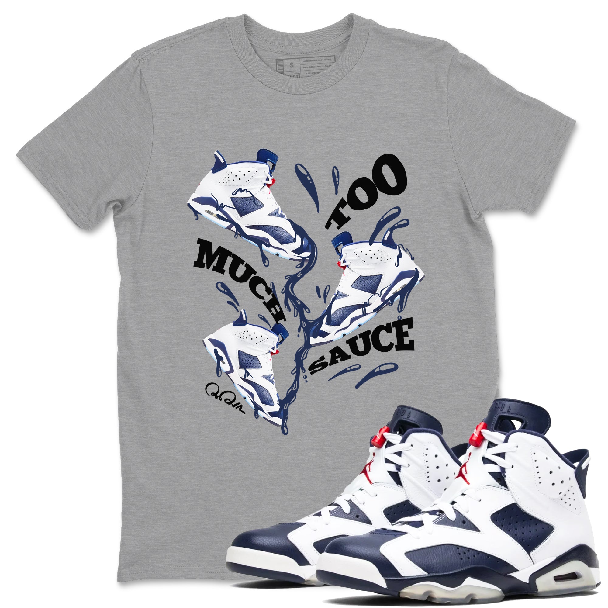 6s White And Midnight Navy shirts to match jordans Too Much Sauce sneaker match tees Air Jordan 6 White And Midnight Navy SNRT Sneaker Tees streetwear brand Heather Grey 1 unisex cotton tee