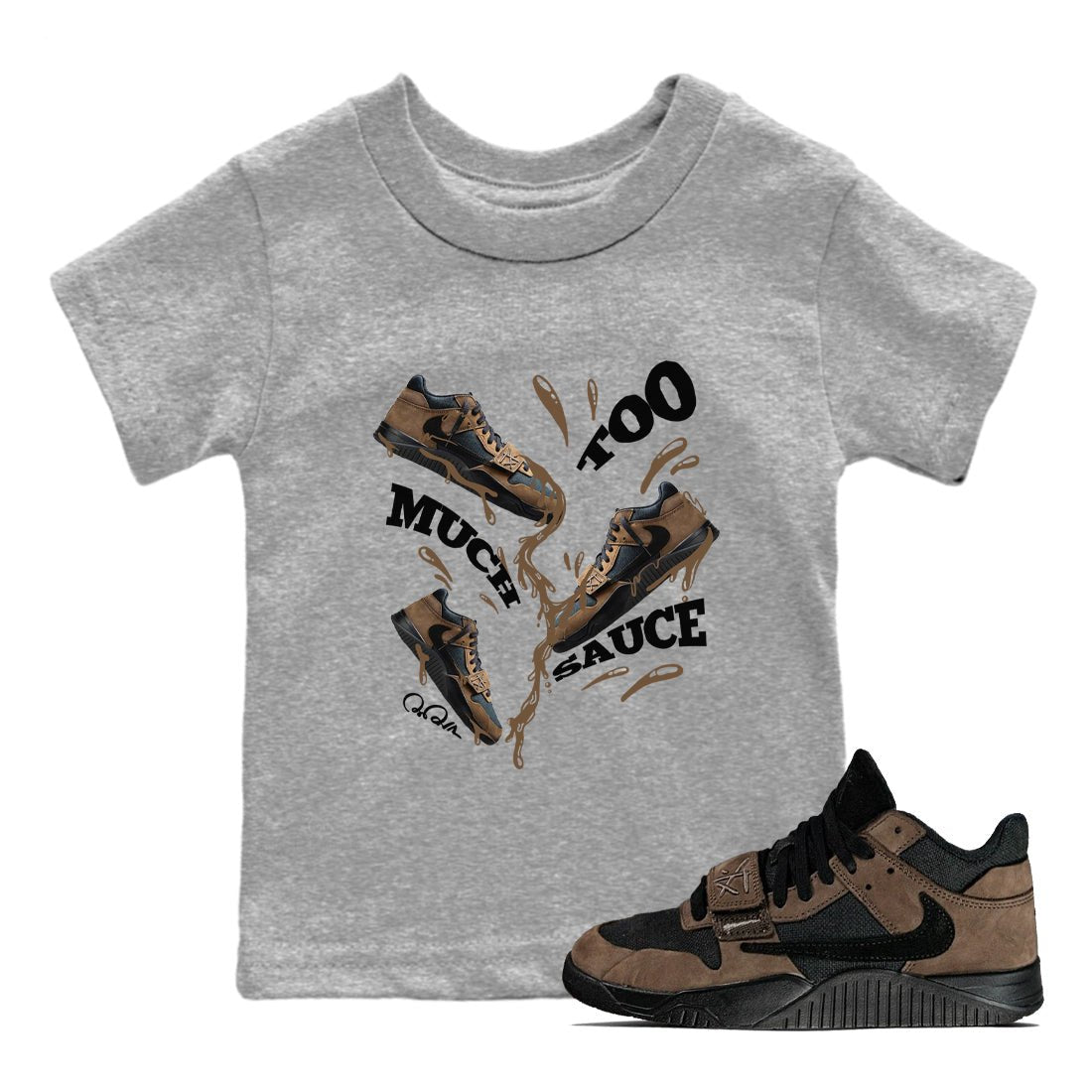Jordan Jumpman Jack TR Travis Scott Dark Mocha shirts to match jordans Too Much Sauce sneaker match tees Jordan Jumpman Jack Travis Scott Dark Mocha match shoes to clothes SNRT Sneaker Tees Youth Baby Heather Grey 1 tee