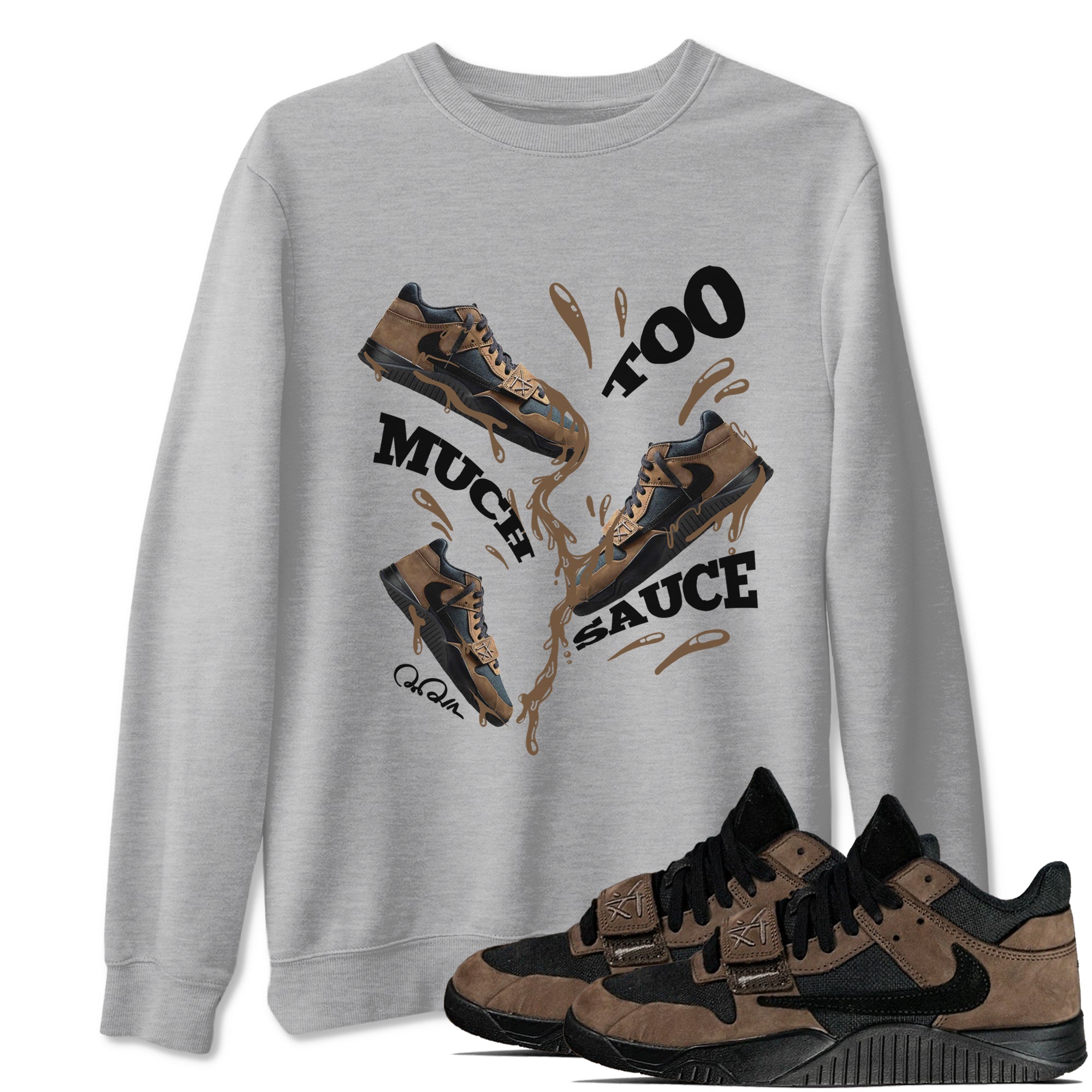 Jordan Jumpman Jack TR Travis Scott Dark Mocha shirts to match jordans Too Much Sauce sneaker match tees Jordan Jumpman Jack Travis Scott Dark Mocha match shoes to clothes SNRT Sneaker Tees unisex cotton Heather Grey 1 shirts