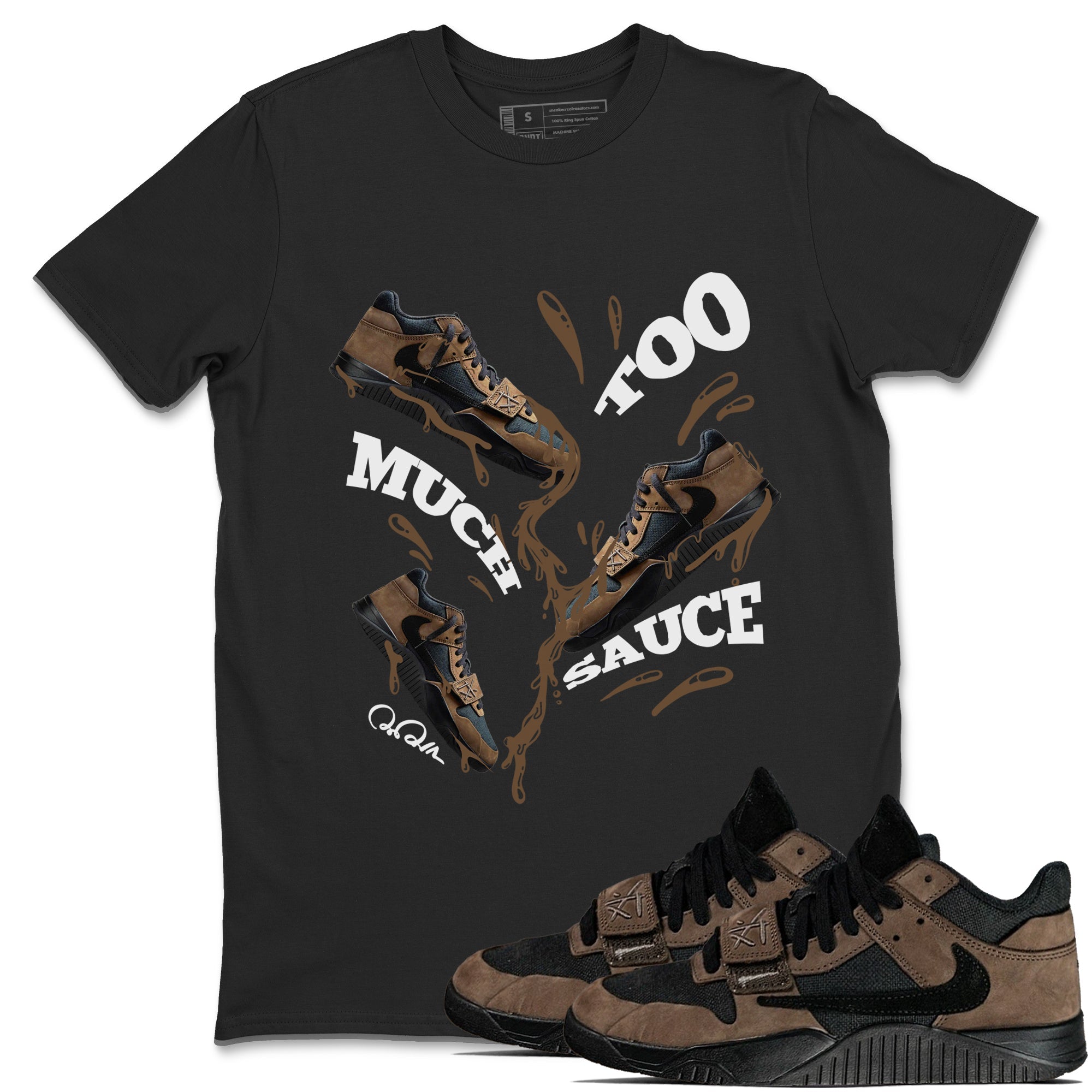Jordan Jumpman Jack TR Travis Scott Dark Mocha shirts to match jordans Too Much Sauce sneaker match tees Jordan Jumpman Jack Travis Scott Dark Mocha match shoes to clothes SNRT Sneaker Tees unisex cotton Black 1 shirts