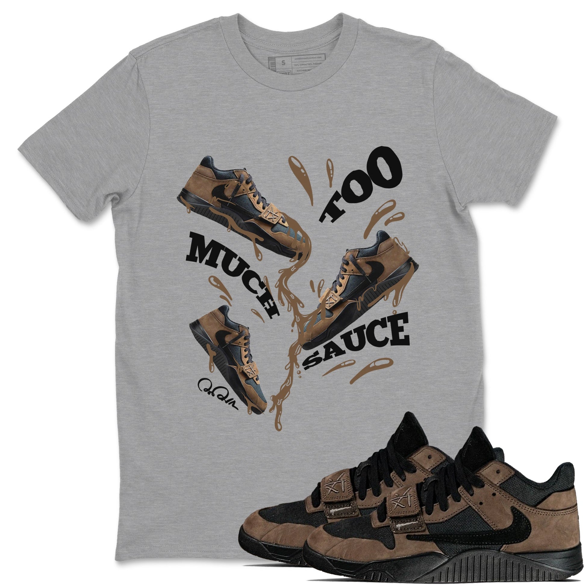 Jordan Jumpman Jack TR Travis Scott Dark Mocha shirts to match jordans Too Much Sauce sneaker match tees Jordan Jumpman Jack Travis Scott Dark Mocha match shoes to clothes SNRT Sneaker Tees unisex cotton Heather Grey 1 shirts