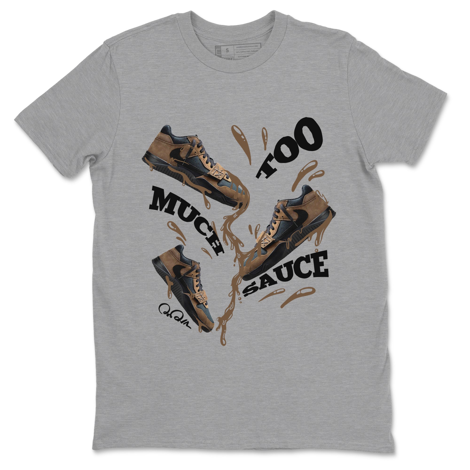 Jordan Jumpman Jack TR Travis Scott Dark Mocha shirts to match jordans Too Much Sauce sneaker match tees Jordan Jumpman Jack Travis Scott Dark Mocha match shoes to clothes SNRT Sneaker Tees unisex cotton Heather Grey 2 shirts