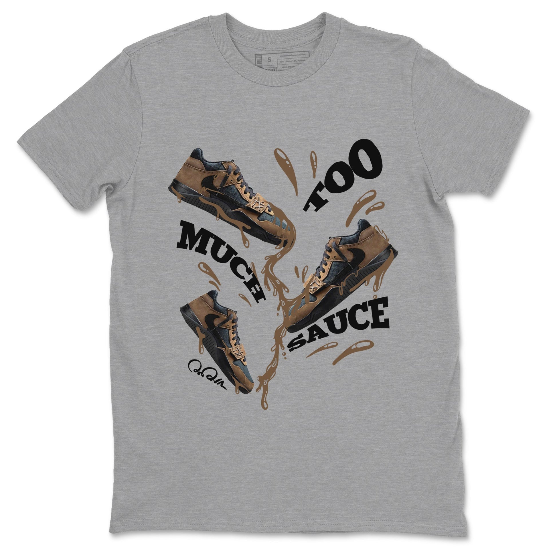 Jordan Jumpman Jack TR Travis Scott Dark Mocha shirts to match jordans Too Much Sauce sneaker match tees Jordan Jumpman Jack Travis Scott Dark Mocha match shoes to clothes SNRT Sneaker Tees unisex cotton Heather Grey 2 shirts