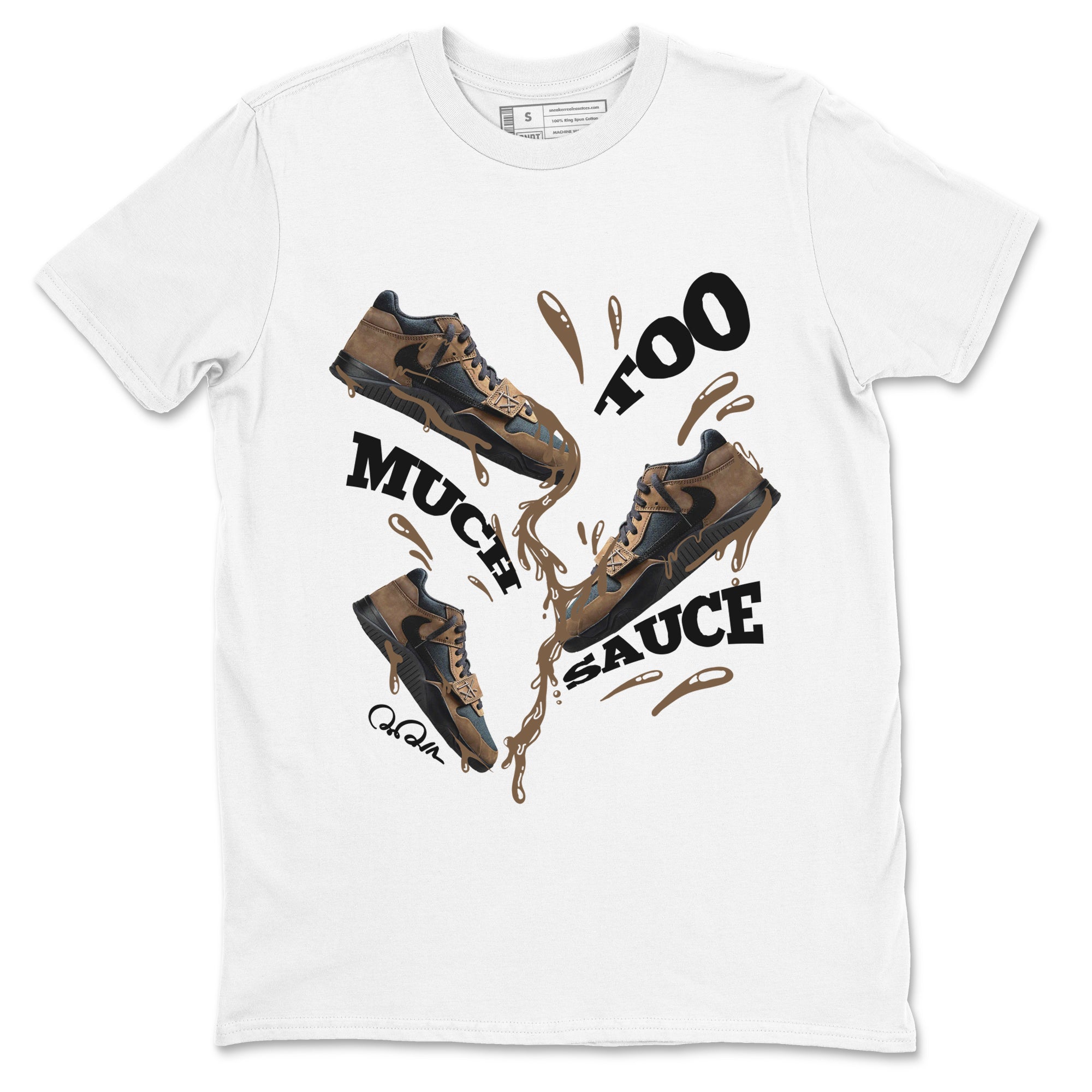 Jordan Jumpman Jack TR Travis Scott Dark Mocha shirts to match jordans Too Much Sauce sneaker match tees Jordan Jumpman Jack Travis Scott Dark Mocha match shoes to clothes SNRT Sneaker Tees unisex cotton White 2 shirts