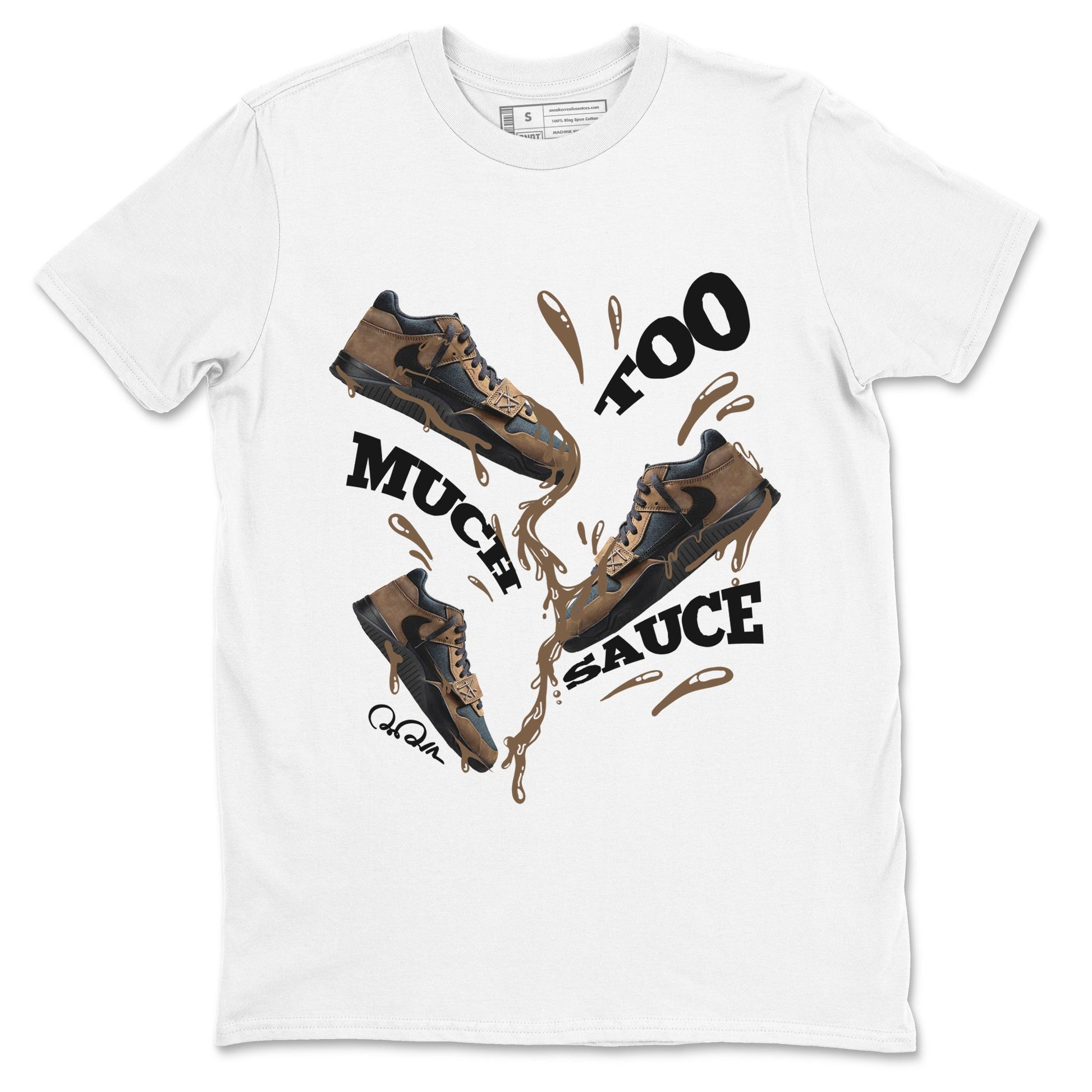 Jordan Jumpman Jack TR Travis Scott Dark Mocha shirts to match jordans Too Much Sauce sneaker match tees Jordan Jumpman Jack Travis Scott Dark Mocha match shoes to clothes SNRT Sneaker Tees unisex cotton White 2 shirts