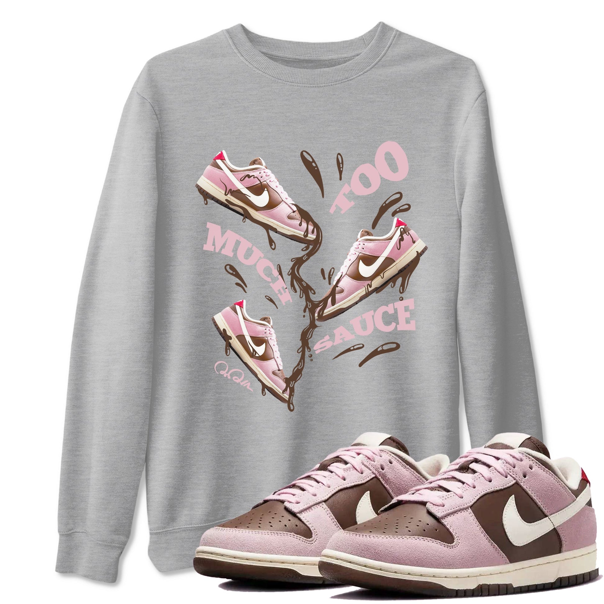 Dunk Cacao Wow And Pink Foam shirts to match jordans Too Much Sauce sneaker match tees Dunk Cacao Wow And Pink Foam SNRT Sneaker Tees streetwear brand Heather Grey 1 unisex cotton tee