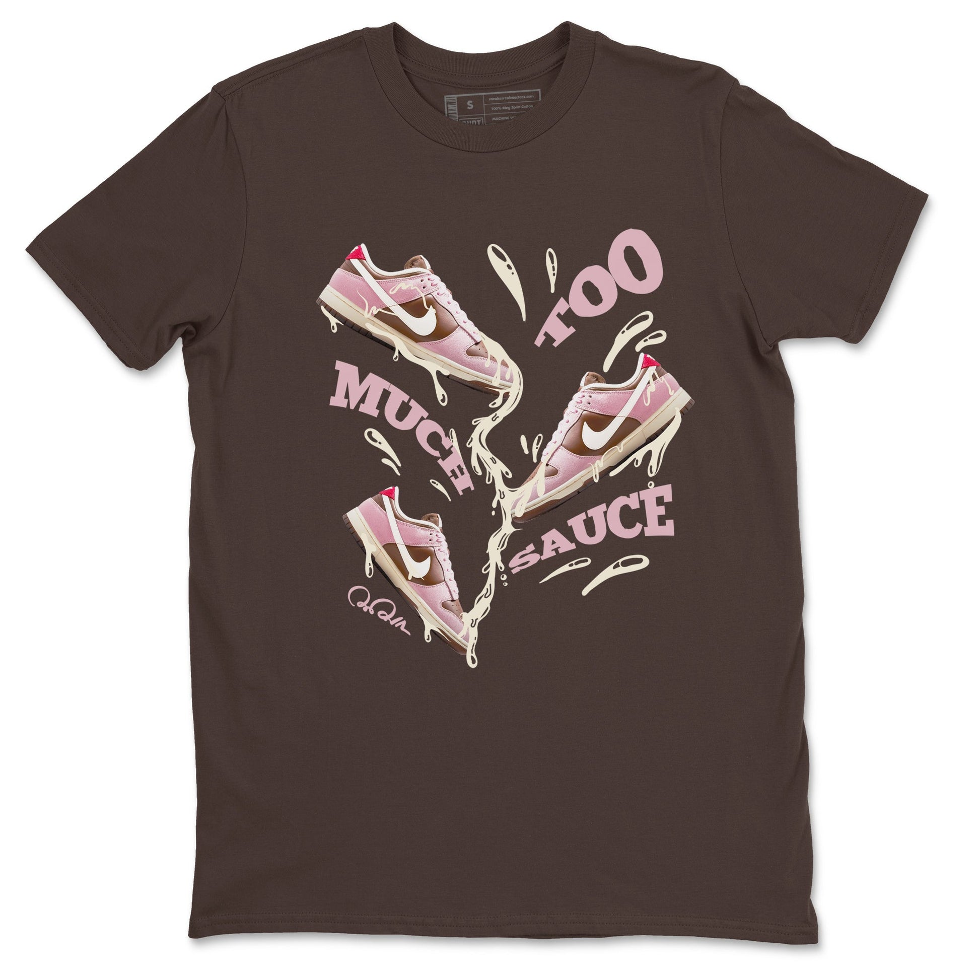 Dunk Cacao Wow And Pink Foam shirts to match jordans Too Much Sauce sneaker match tees Dunk Cacao Wow And Pink Foam SNRT Sneaker Tees streetwear brand Dark Chocolate 2 unisex cotton tee