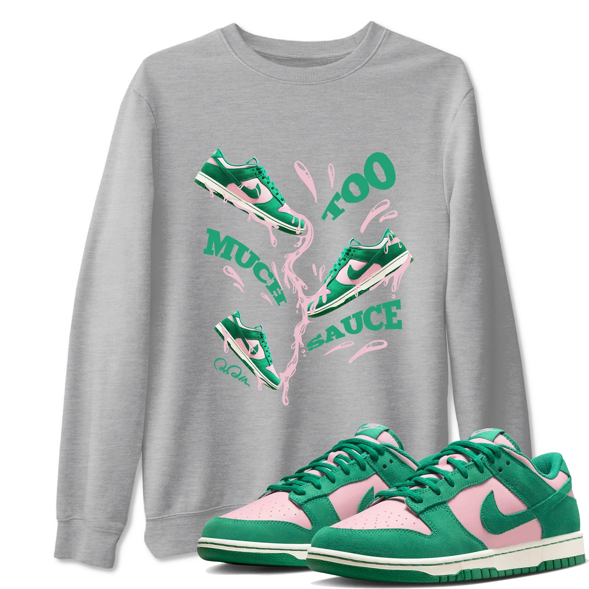 Dunk Low Medium Soft Pink Malachite shirt to match jordans Too Much Sauce sneaker tees Dunk Medium Soft Pink Malachite SNRT Sneaker Release Tees unisex cotton Heather Grey 1 crew neck shirt