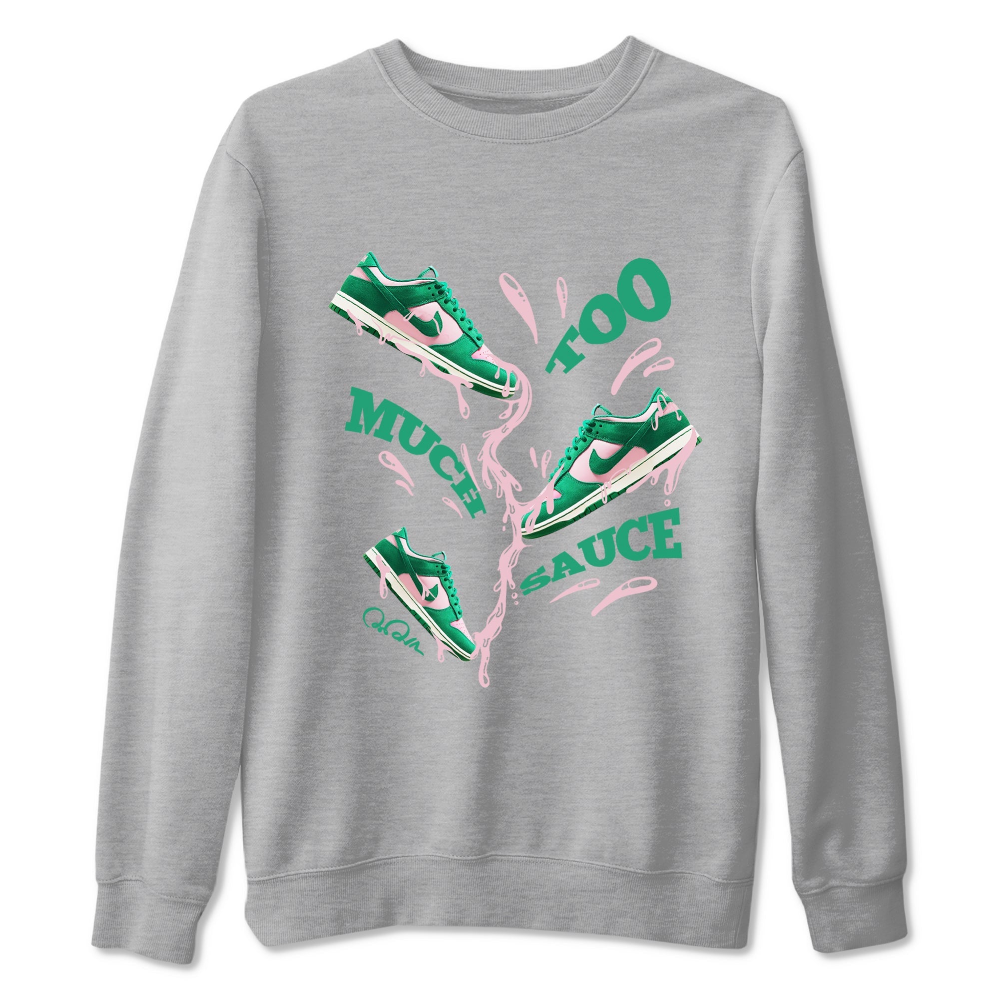 Dunk Low Medium Soft Pink Malachite shirt to match jordans Too Much Sauce sneaker tees Dunk Medium Soft Pink Malachite SNRT Sneaker Release Tees unisex cotton Heather Grey 2 crew neck shirt
