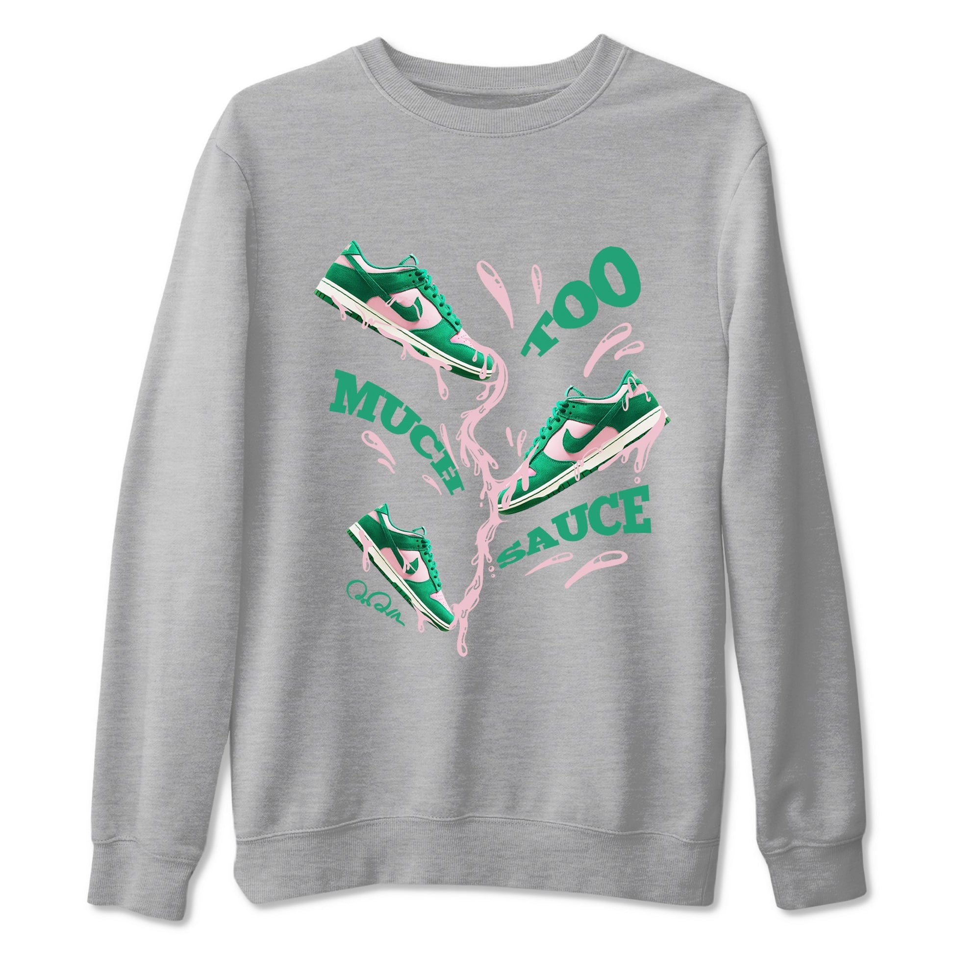 Dunk Low Medium Soft Pink Malachite shirt to match jordans Too Much Sauce sneaker tees Dunk Medium Soft Pink Malachite SNRT Sneaker Release Tees unisex cotton Heather Grey 2 crew neck shirt