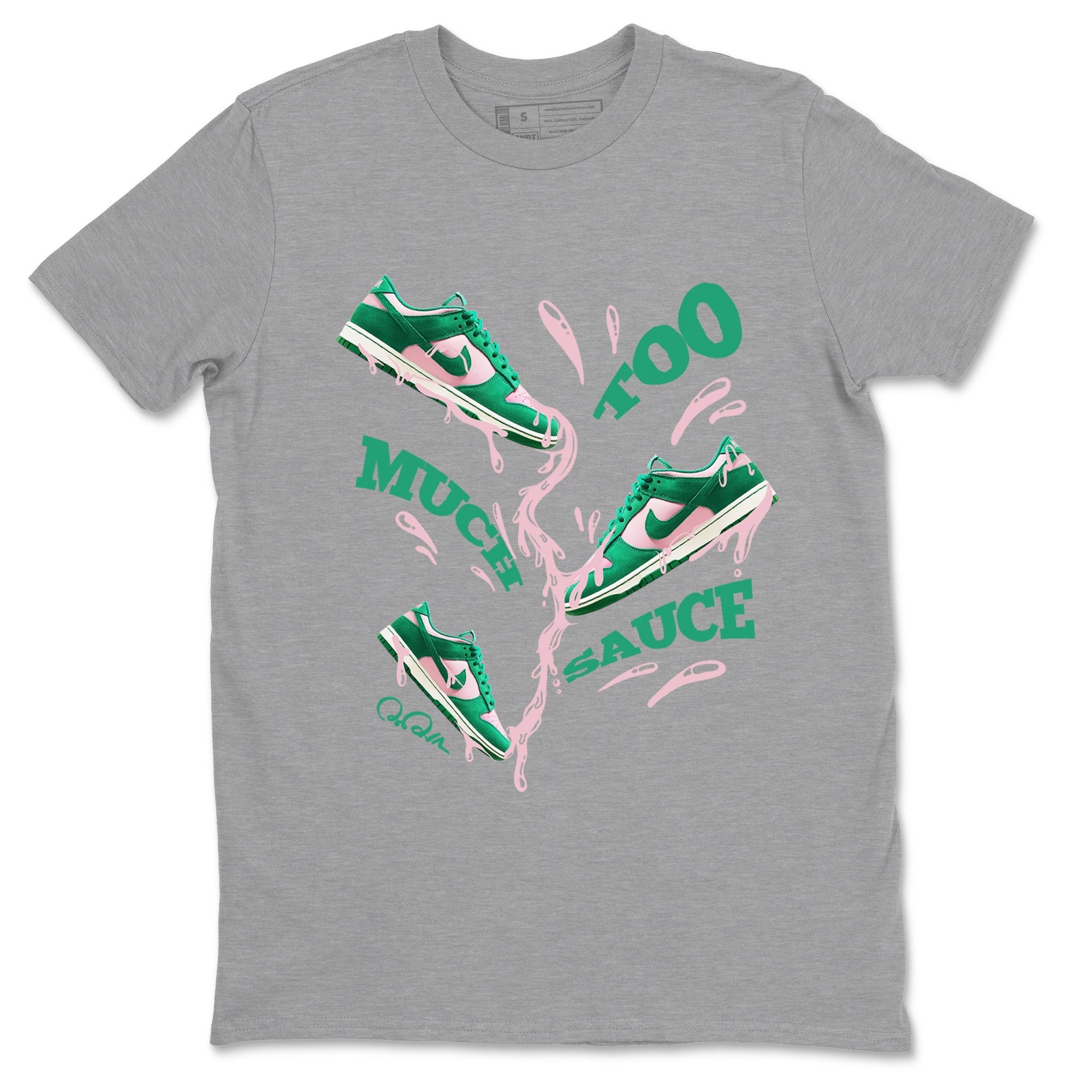 Dunk Low Medium Soft Pink Malachite shirt to match jordans Too Much Sauce sneaker tees Dunk Medium Soft Pink Malachite SNRT Sneaker Release Tees unisex cotton Heather Grey 2 crew neck shirt