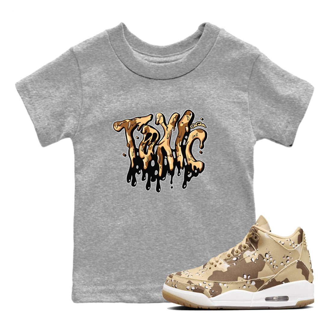 AJ3 Desert Camo shirts to match jordans Toxic sneaker match tees Air Jordan 3 Desert Camo SNRT Sneaker Tees streetwear brand Baby and Youth Heather Grey 1 cotton tee