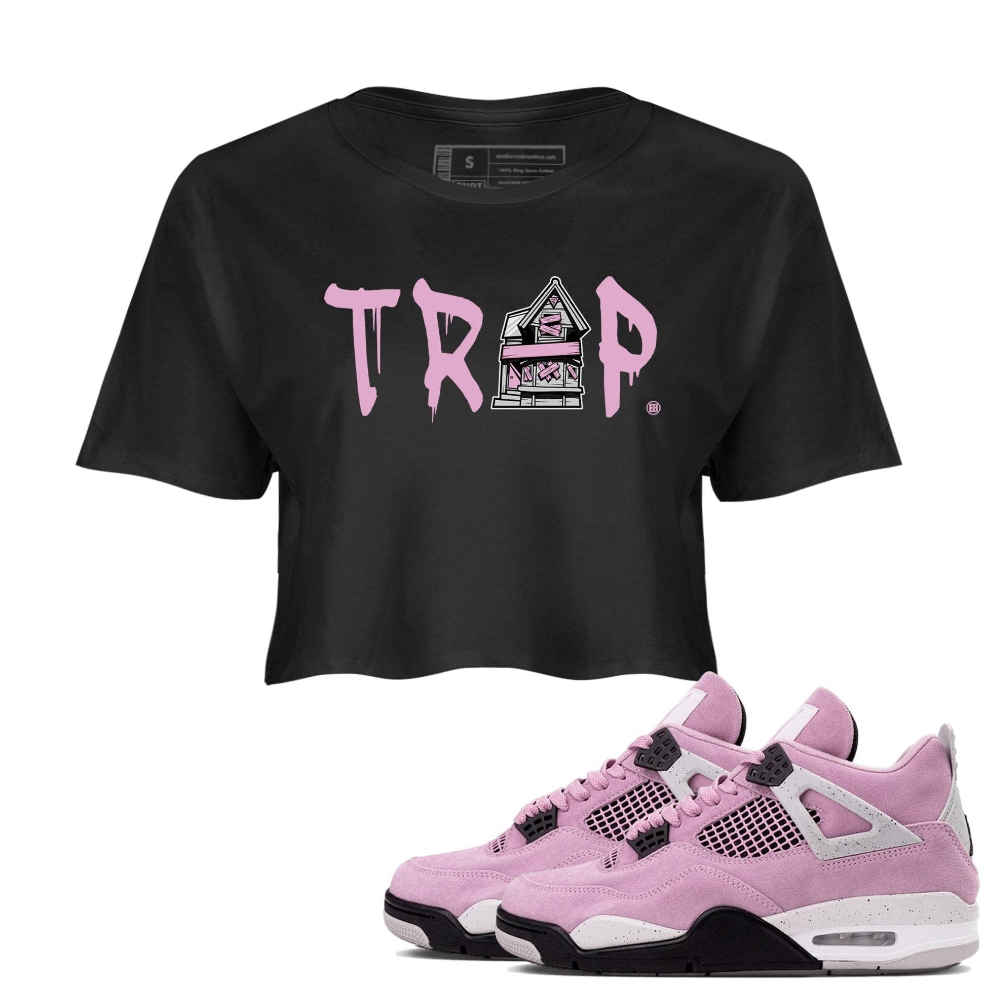 4s Retro Orchid shirts to match jordans Trap House sneaker match tees Air Jordan 4 WMNS Orchid match shoes to clothes SNRT Sneaker Tees unisex cotton Black 1 crop tee